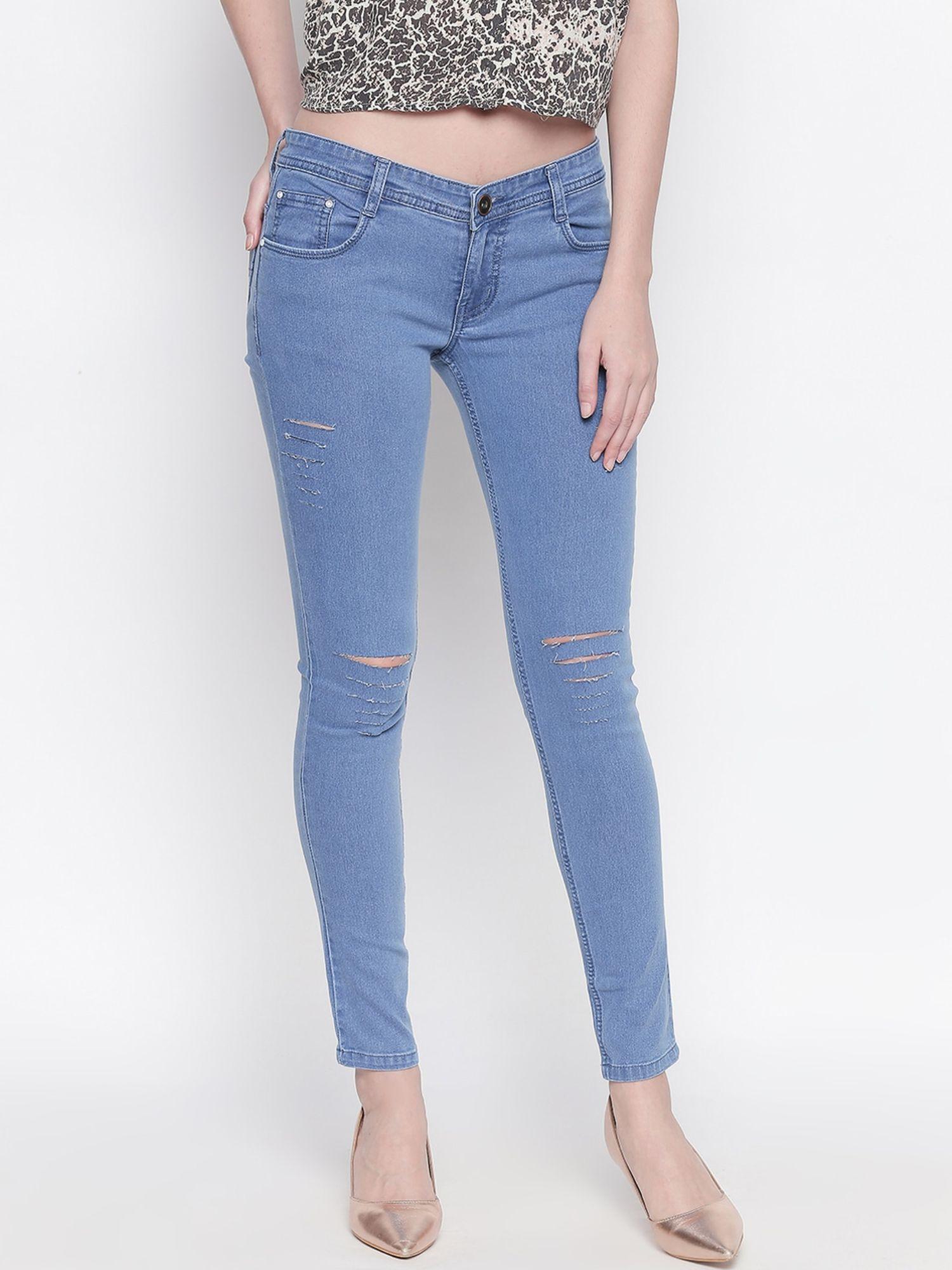 women blue slim fit mid-rise slash knee stretchable jeans