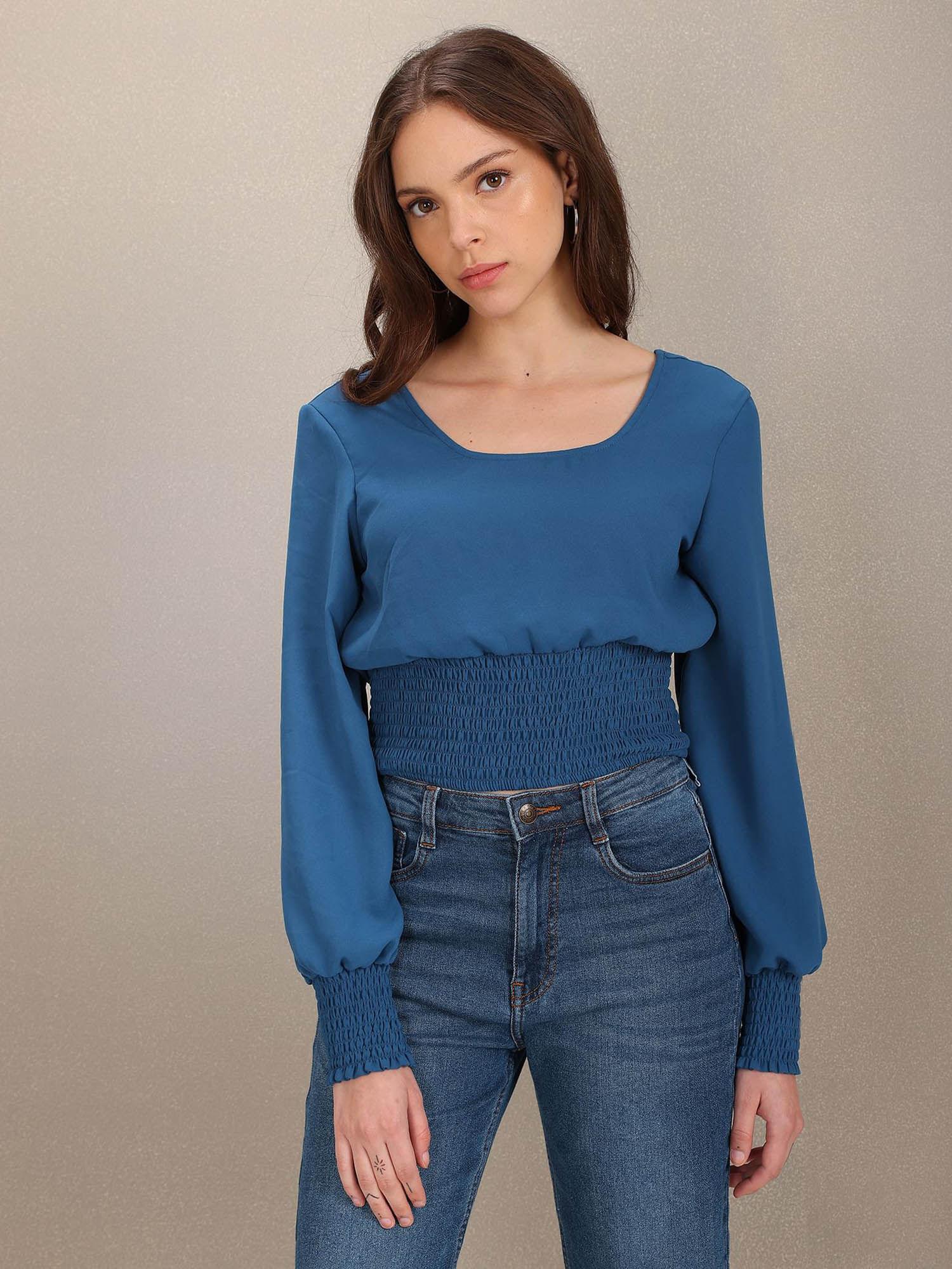 women blue smocked detail cropped top