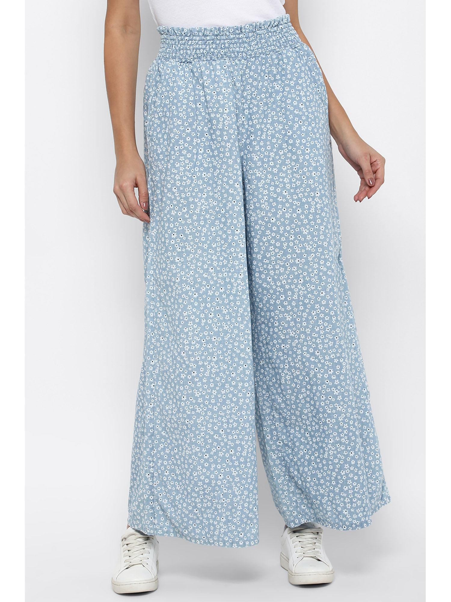 women blue smocked wide leg pants