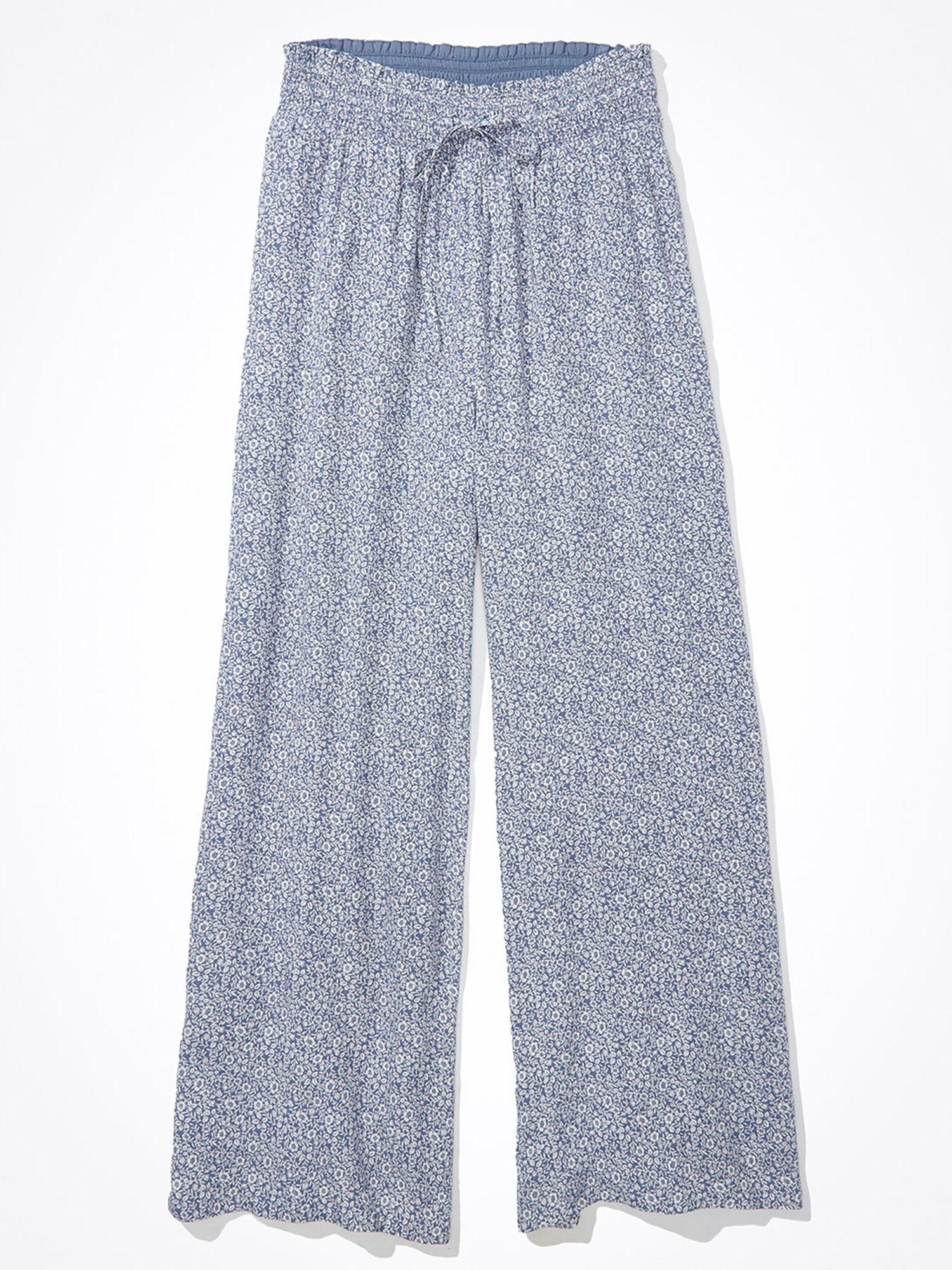 women blue smocked wide leg pants