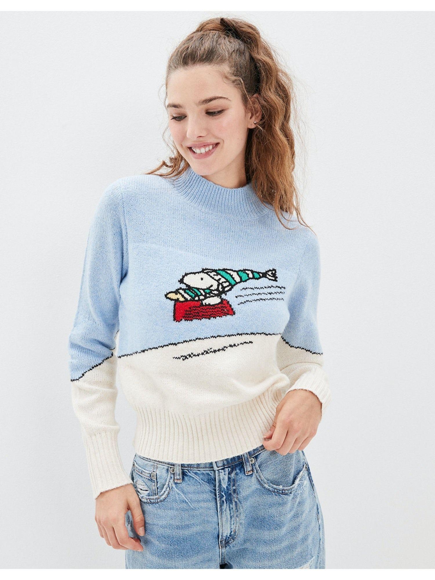 women blue snoopy mock neck sweater