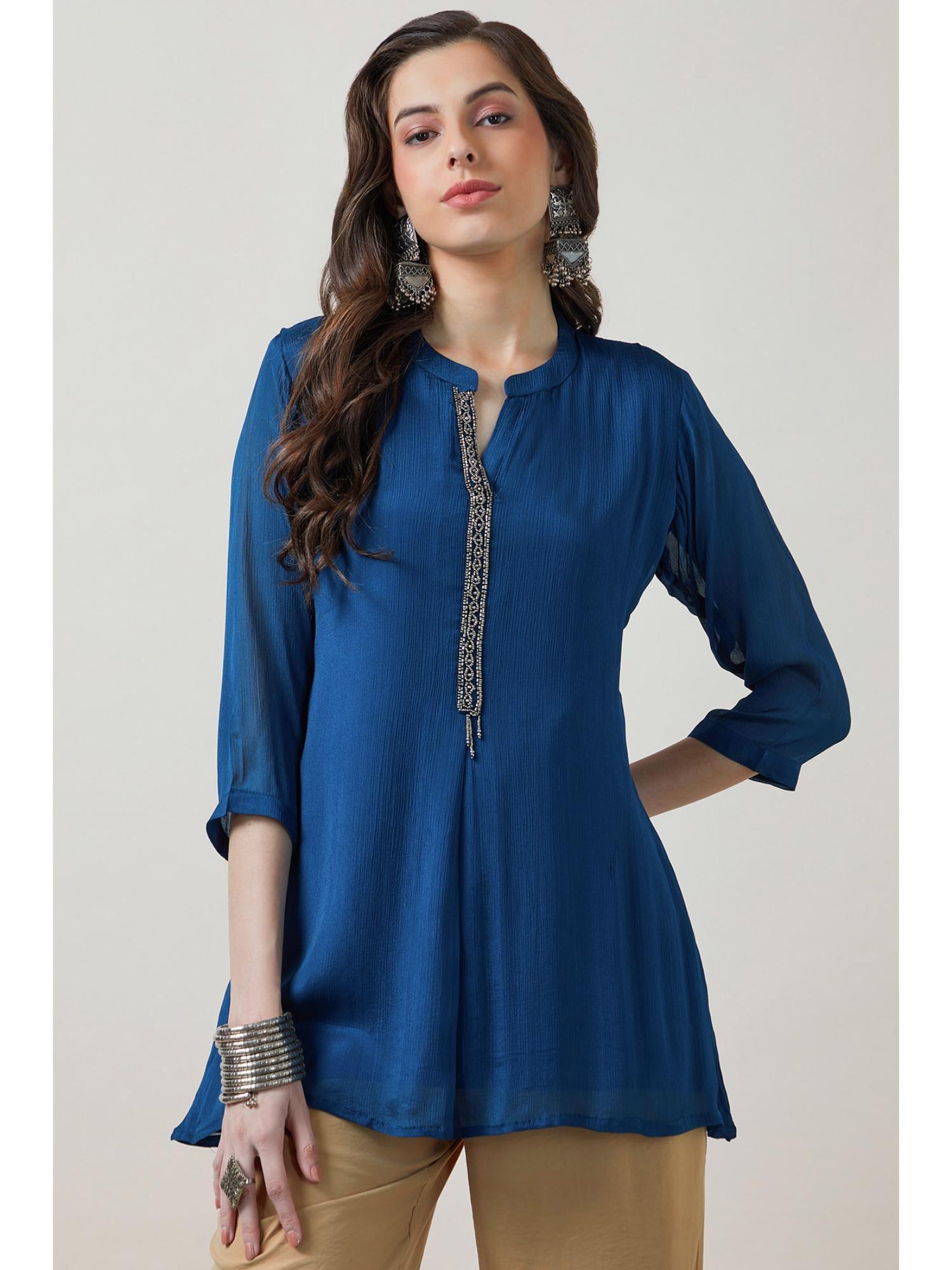 women blue solid a-line fit viscose kurti