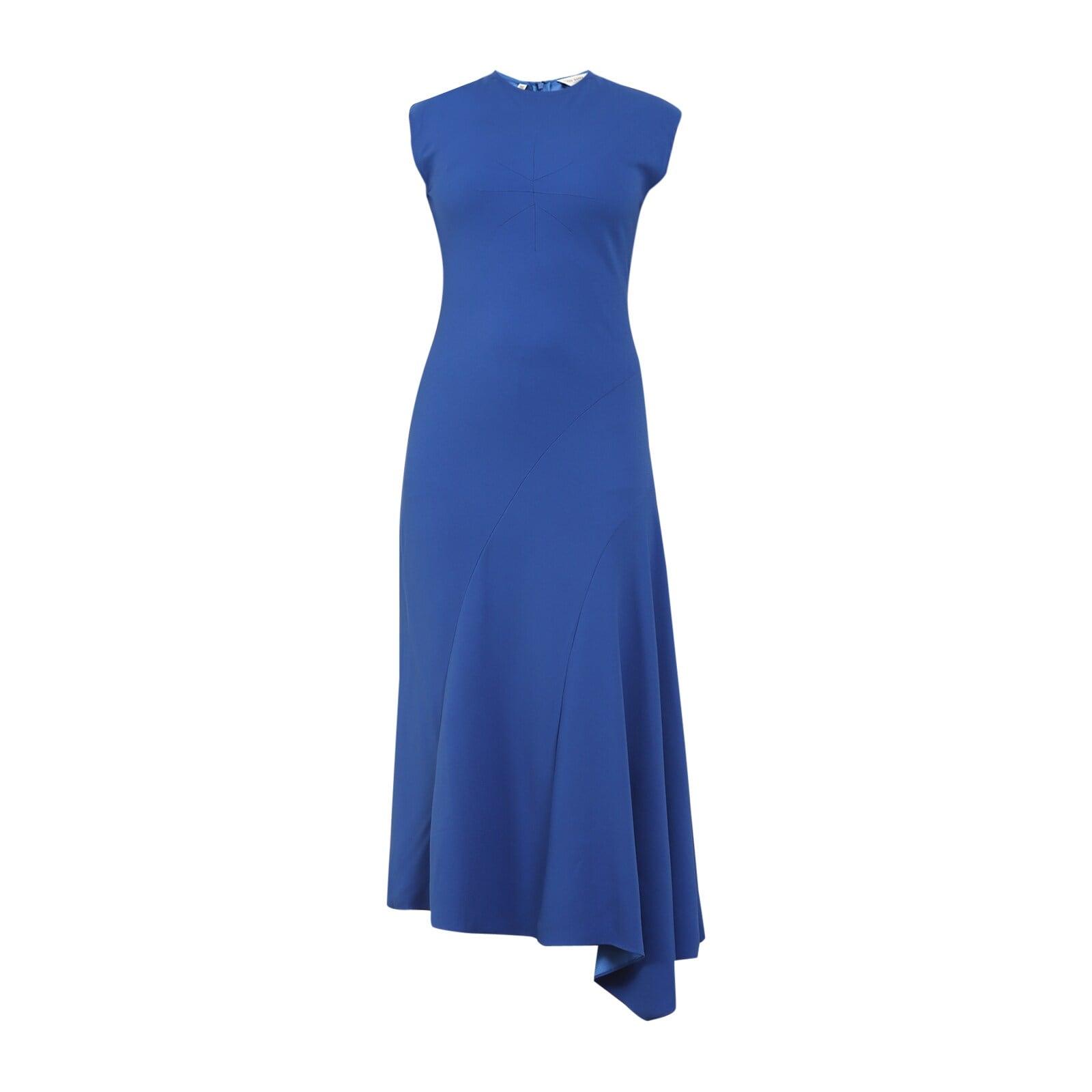 women blue solid asymmetric midi a-line dress