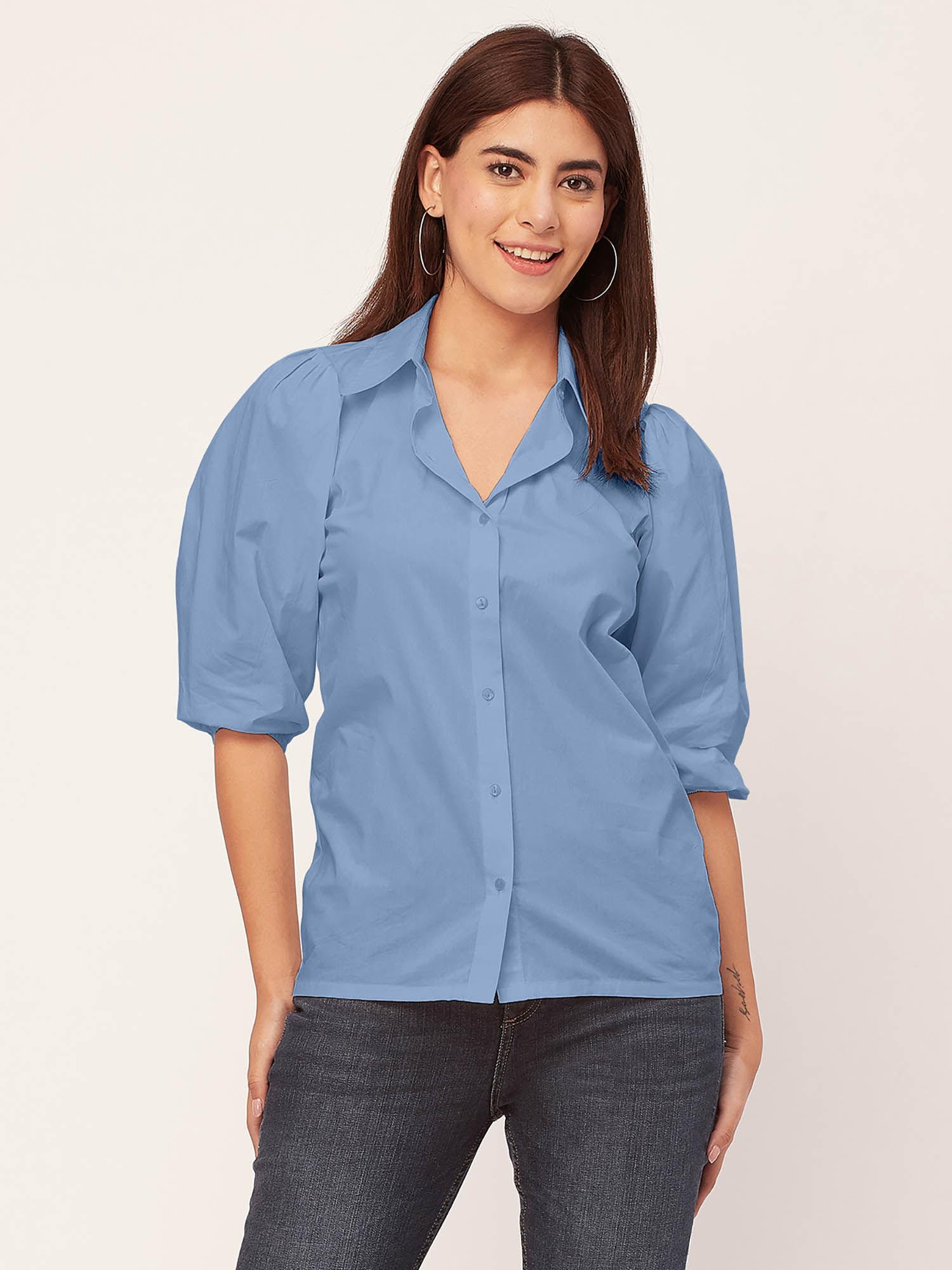 women blue solid balloon sleeves shirt