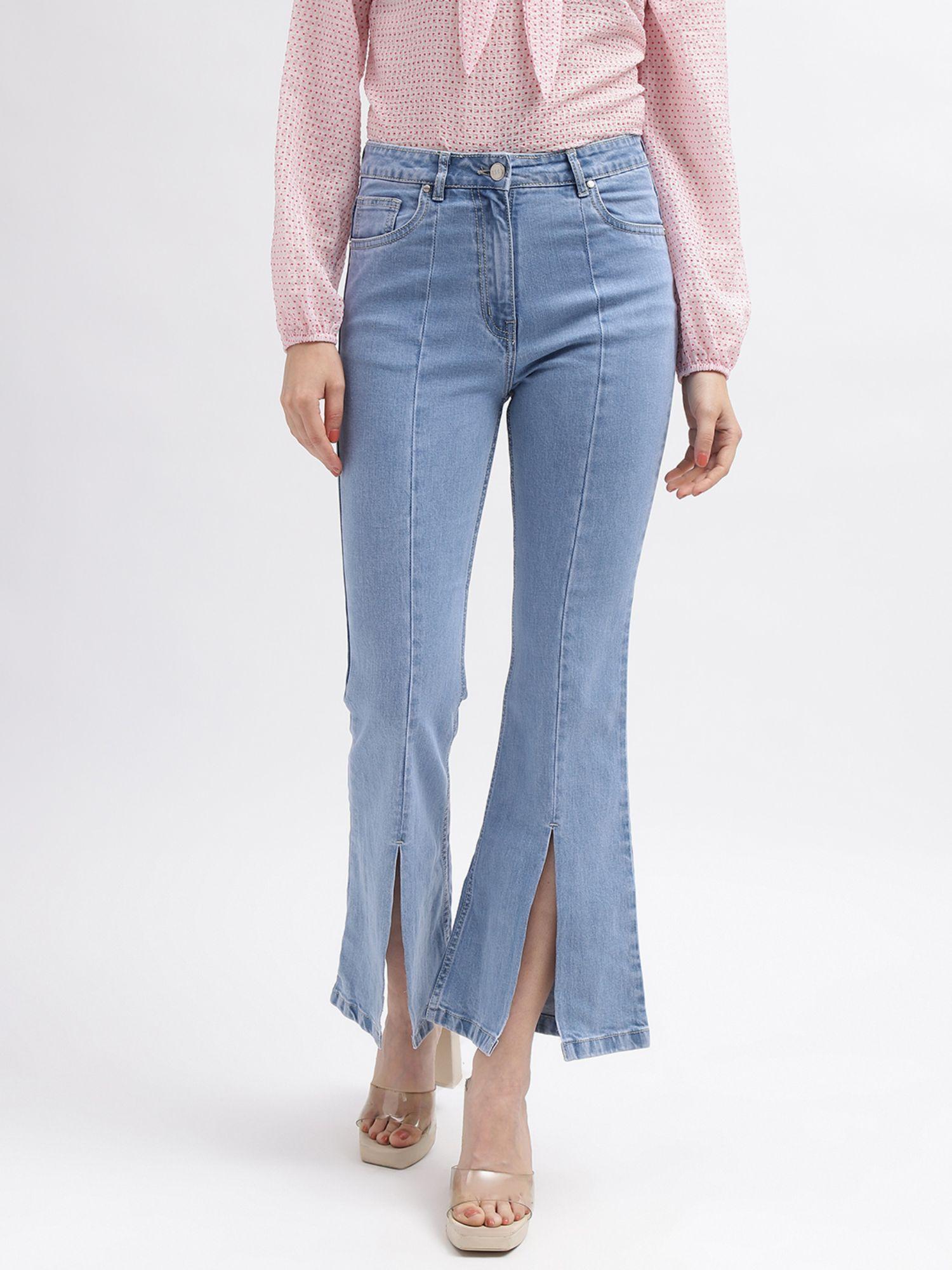 women blue solid bootcut mid-rise jeans