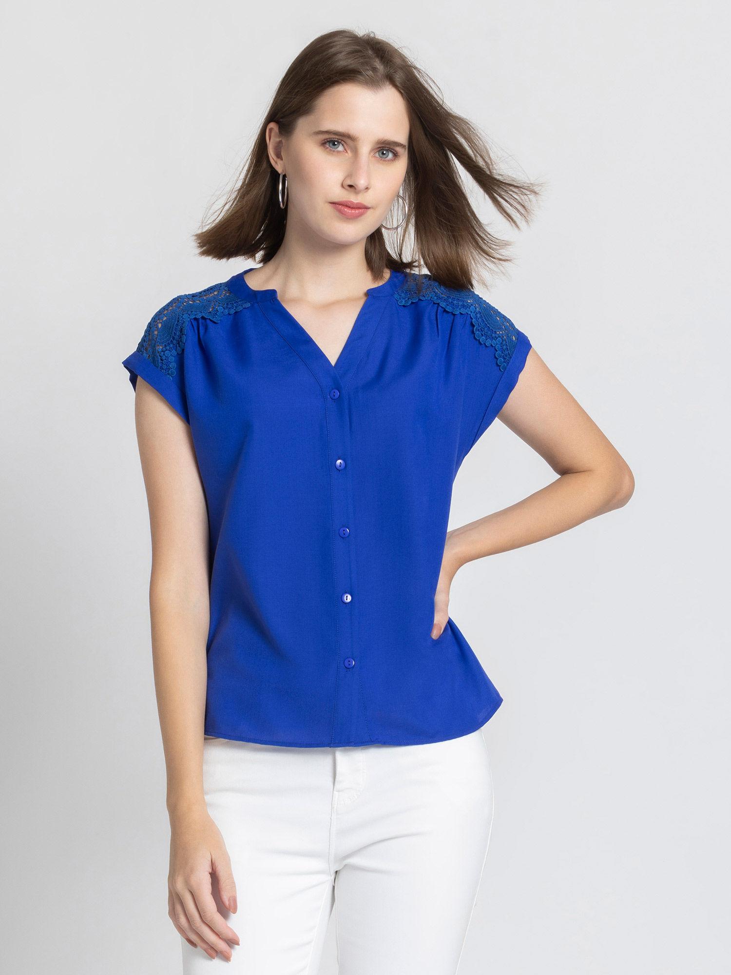 women blue solid cap sleeves casual top