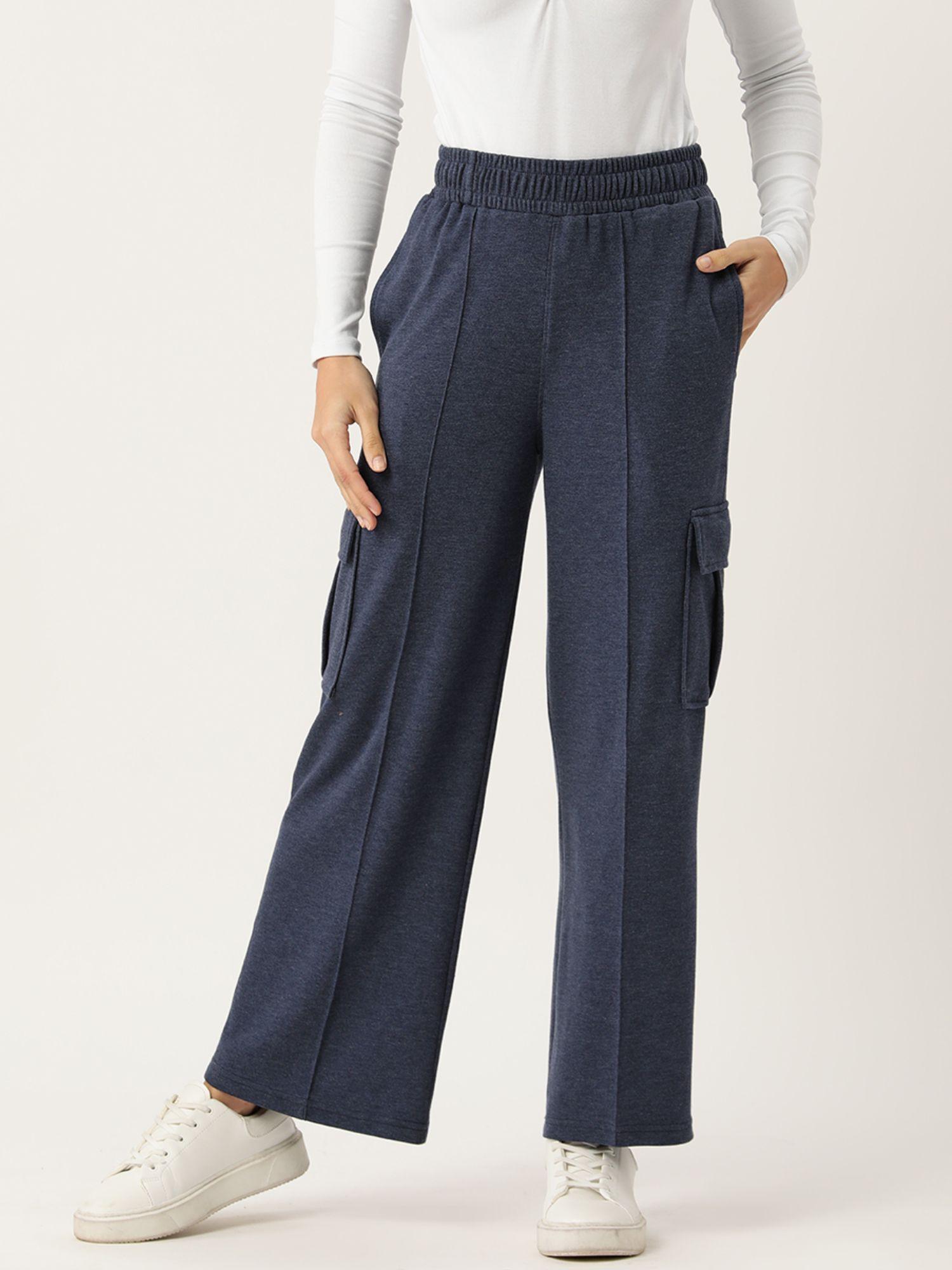 women blue solid cargo wide leg sweatpant