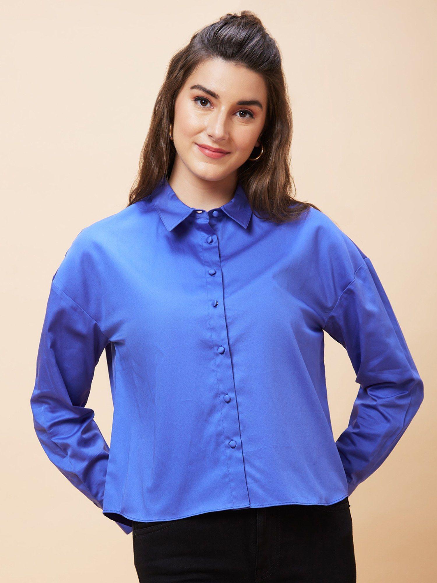 women blue solid casual button down shirt