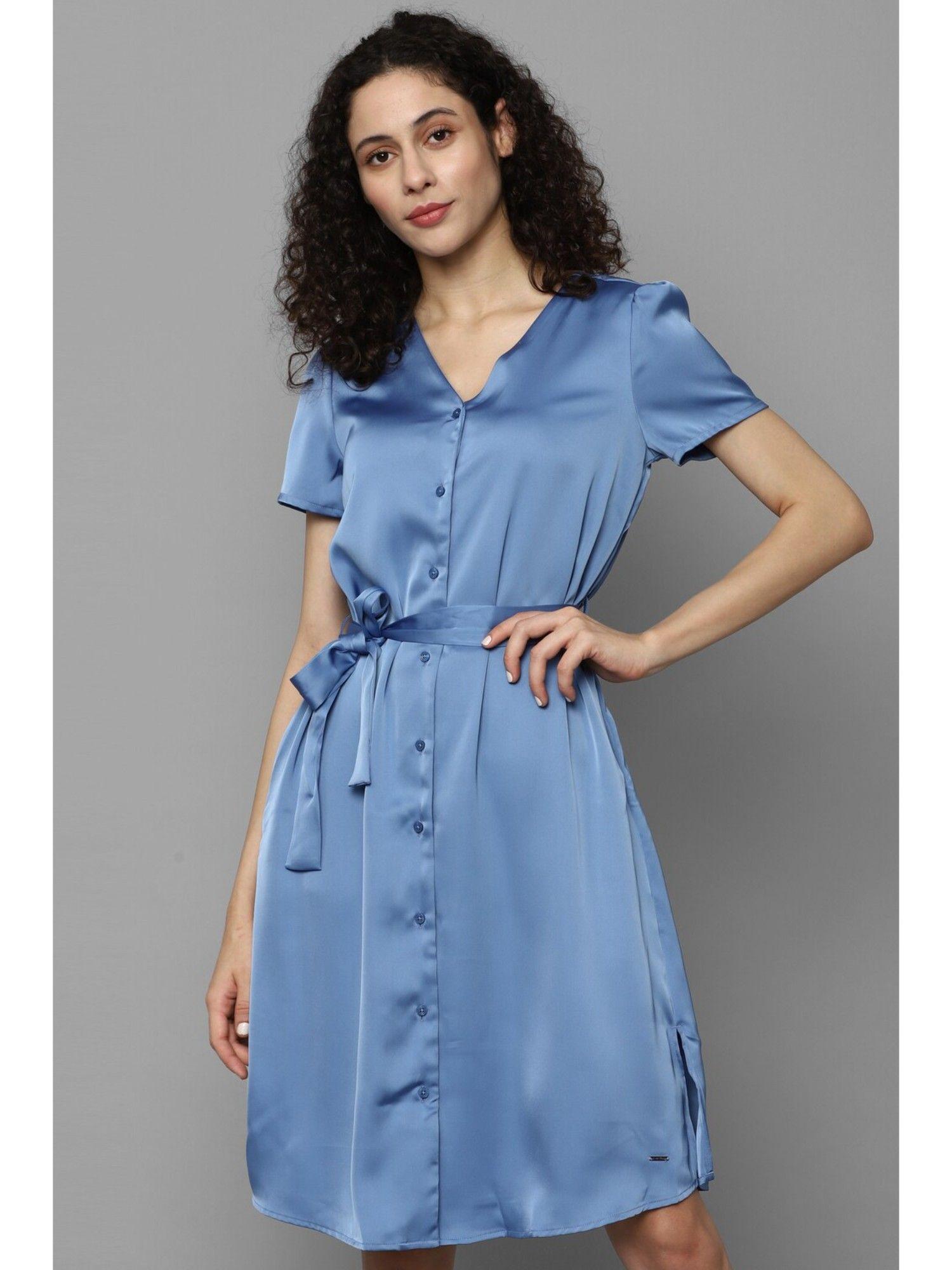 women blue solid casual dress with belt (set of 2)