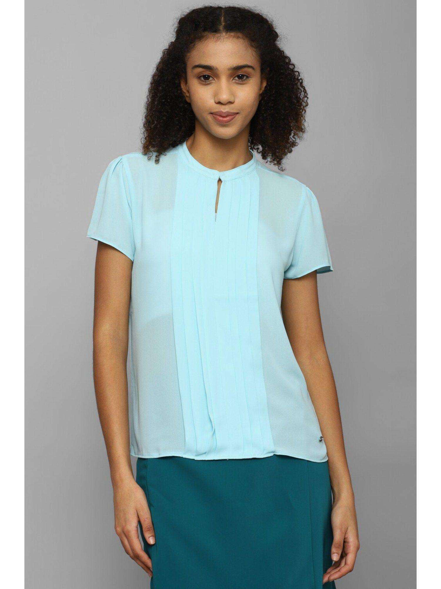 women blue solid casual top