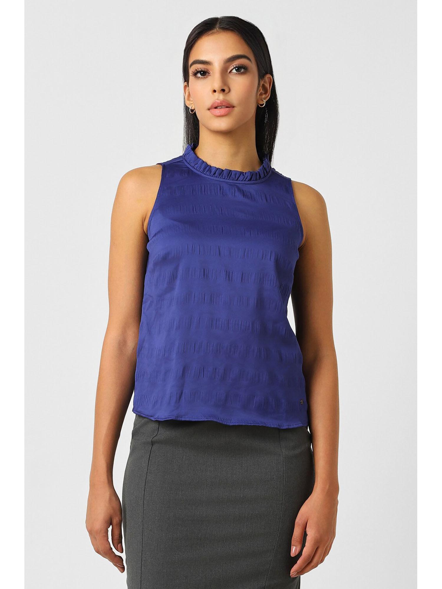 women blue solid casual top