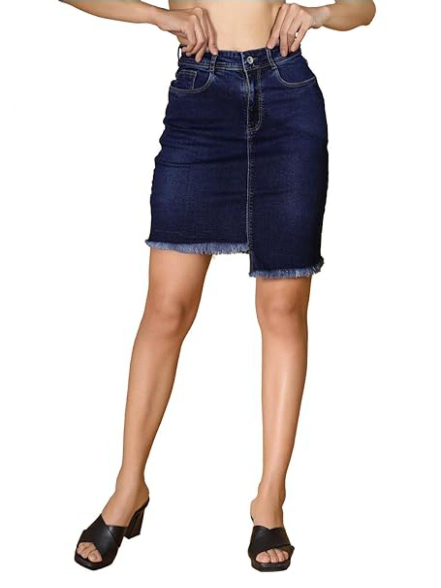 women blue solid cotton mid rise skirt