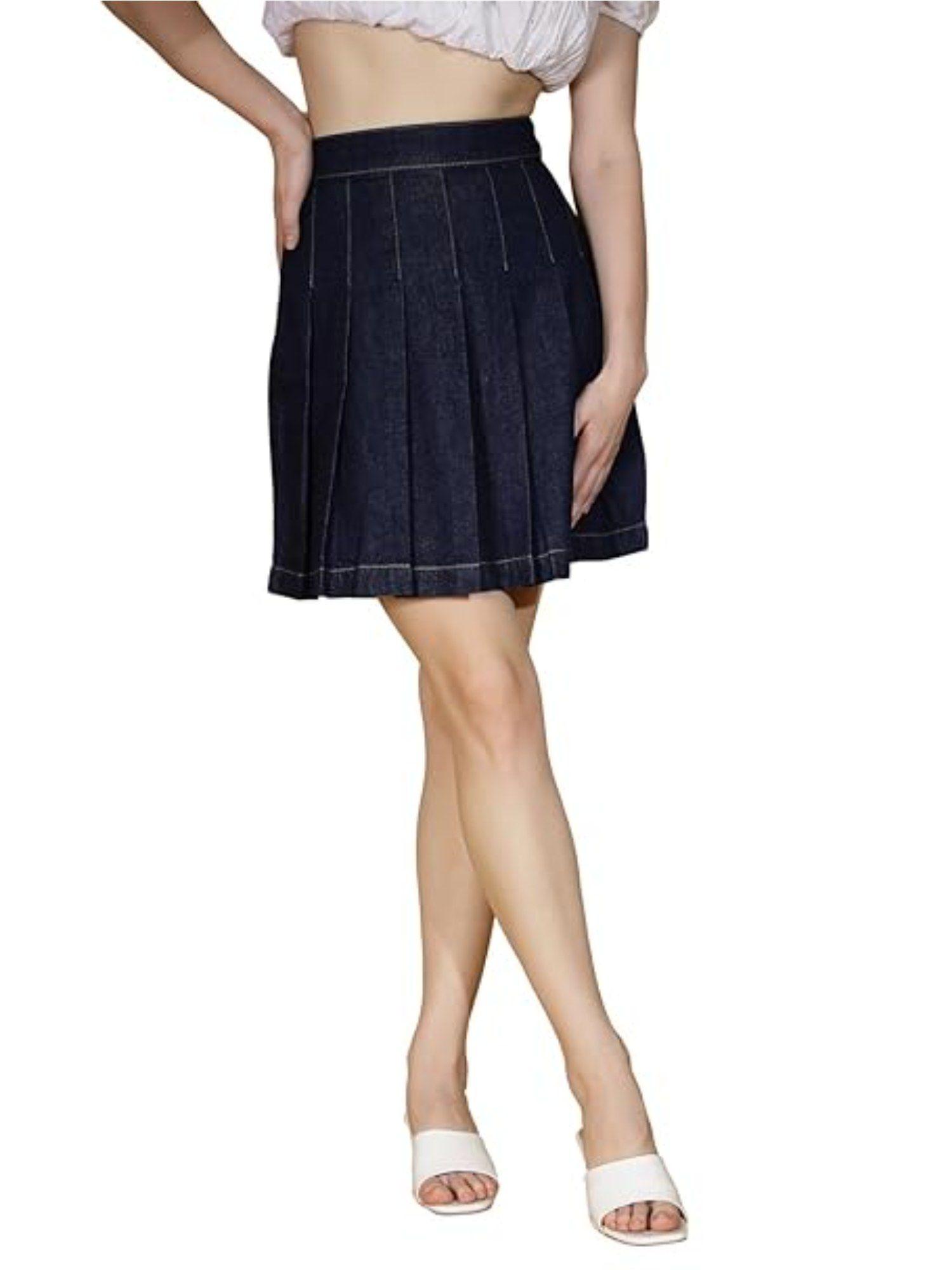 women blue solid cotton mid rise skirt