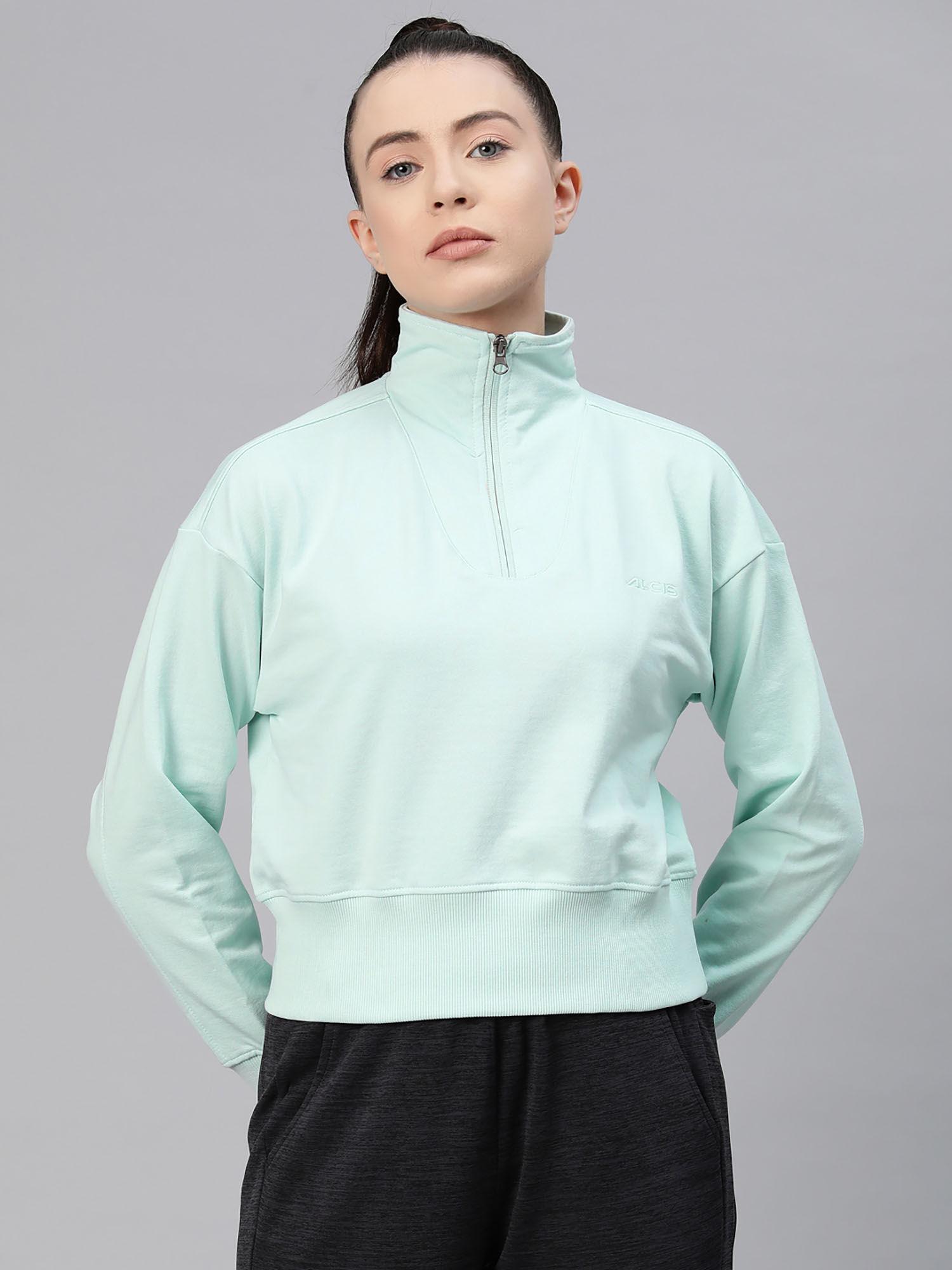 women blue solid cotton regular fit sweatshirt