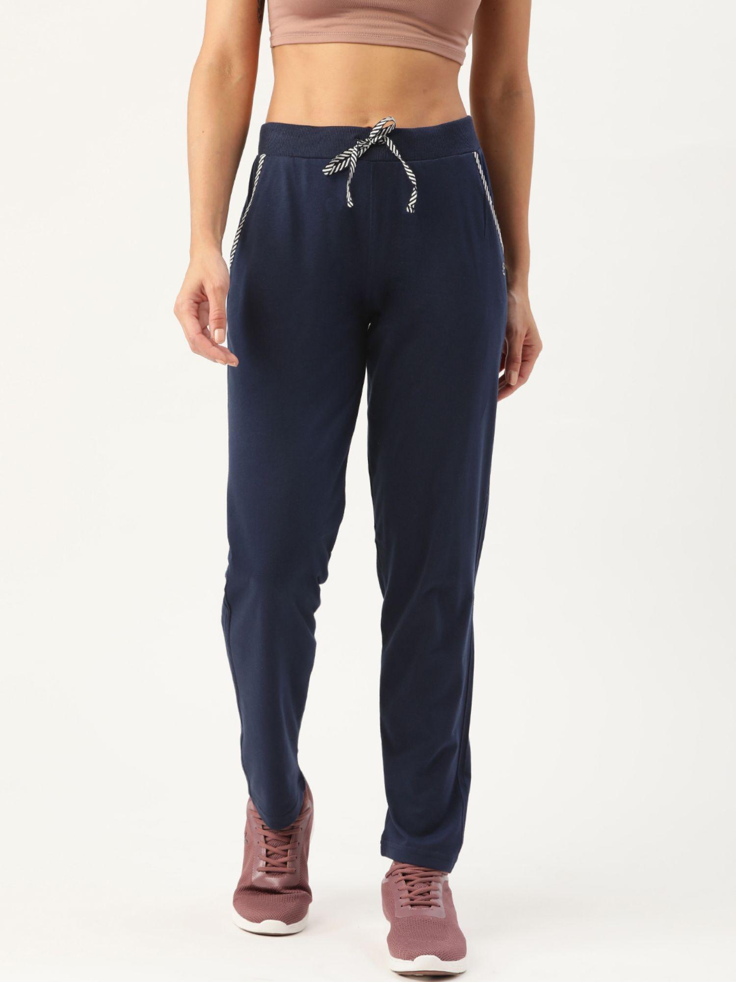 women blue solid cotton straight fit track pant