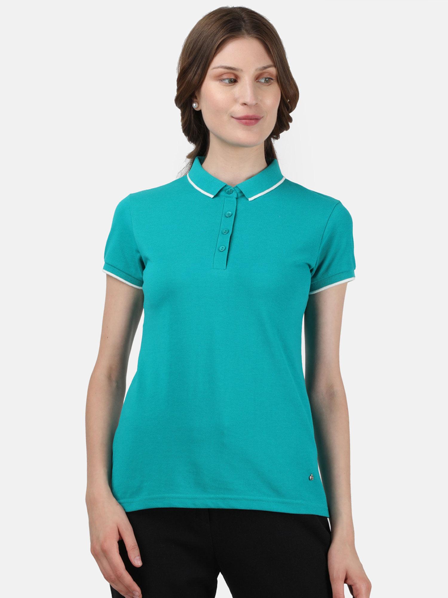 women blue solid cotton t-shirt