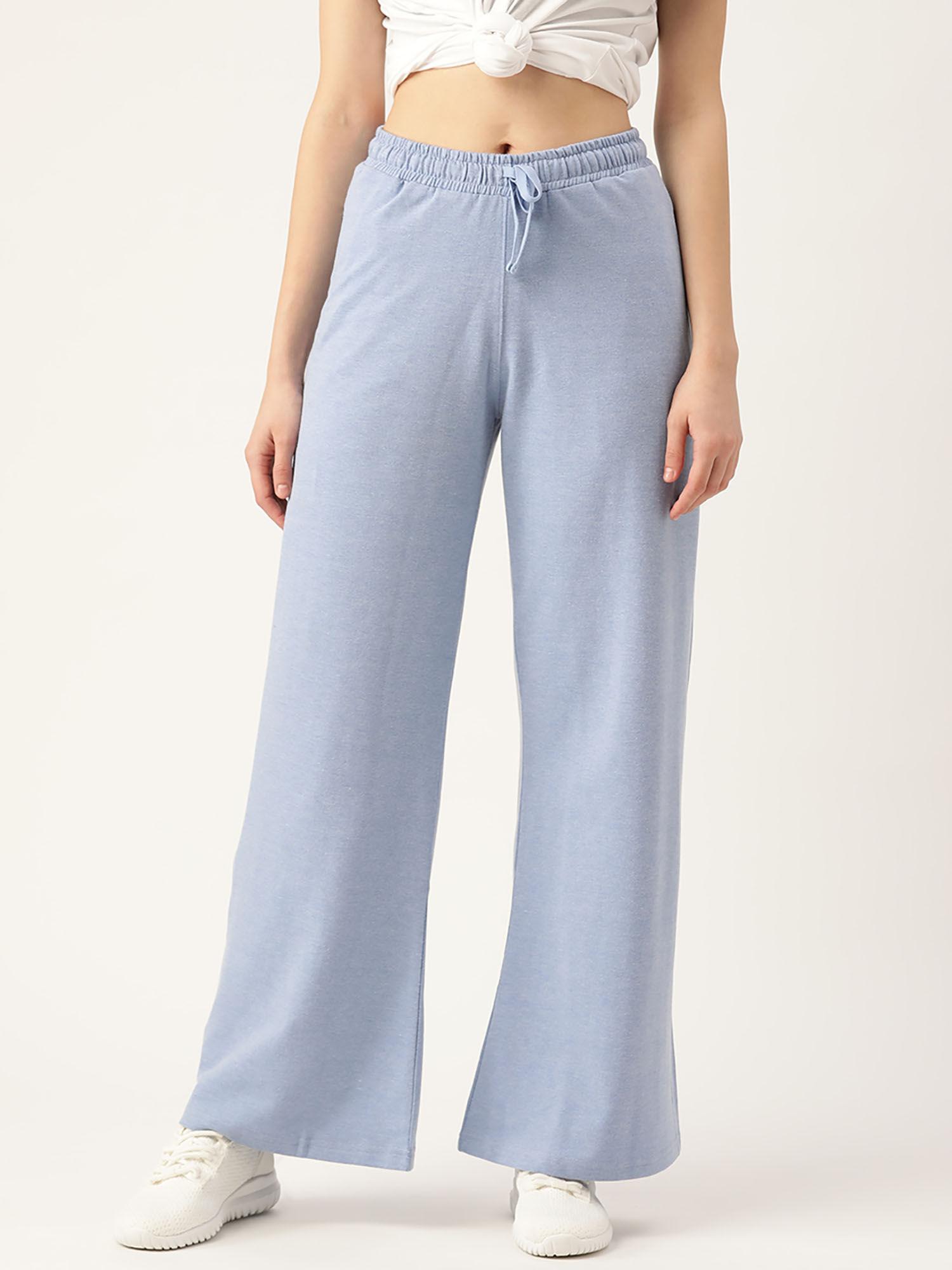 women blue solid cotton wide leg track pants