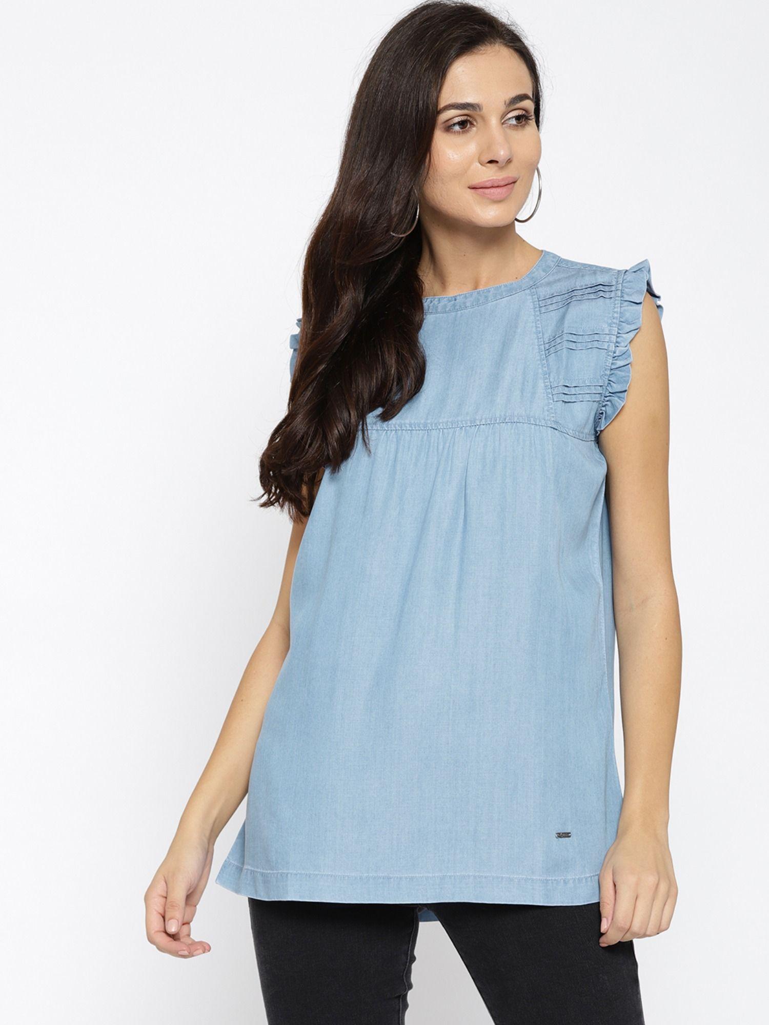 women blue solid denim a-line pure cotton top