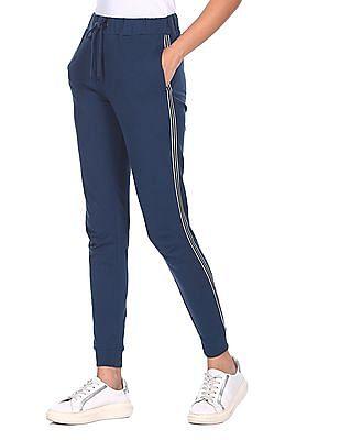 women blue solid drawstring waist joggers