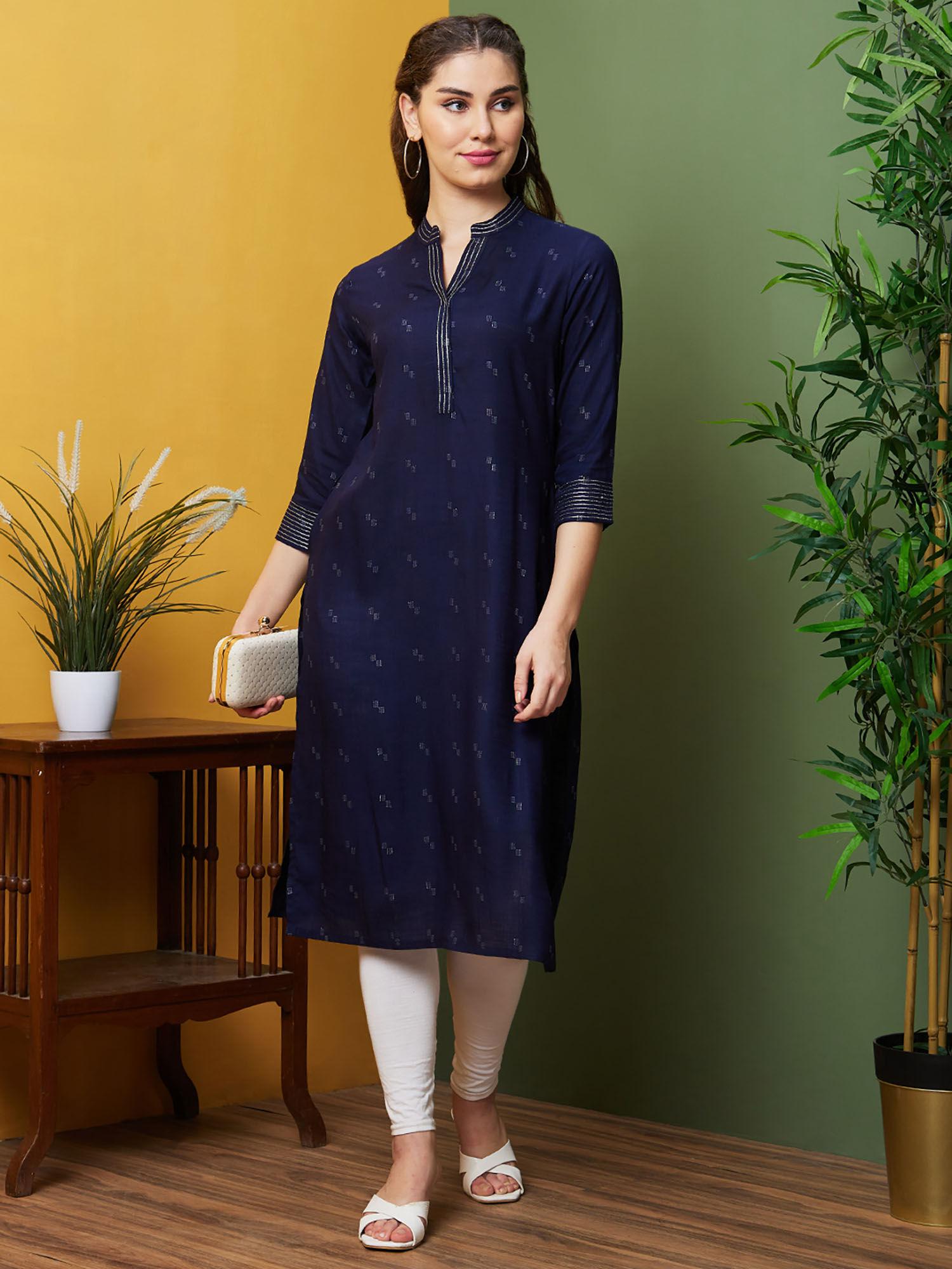 women blue solid festive wear three-quarter sleeves mandarin collar straight kurta