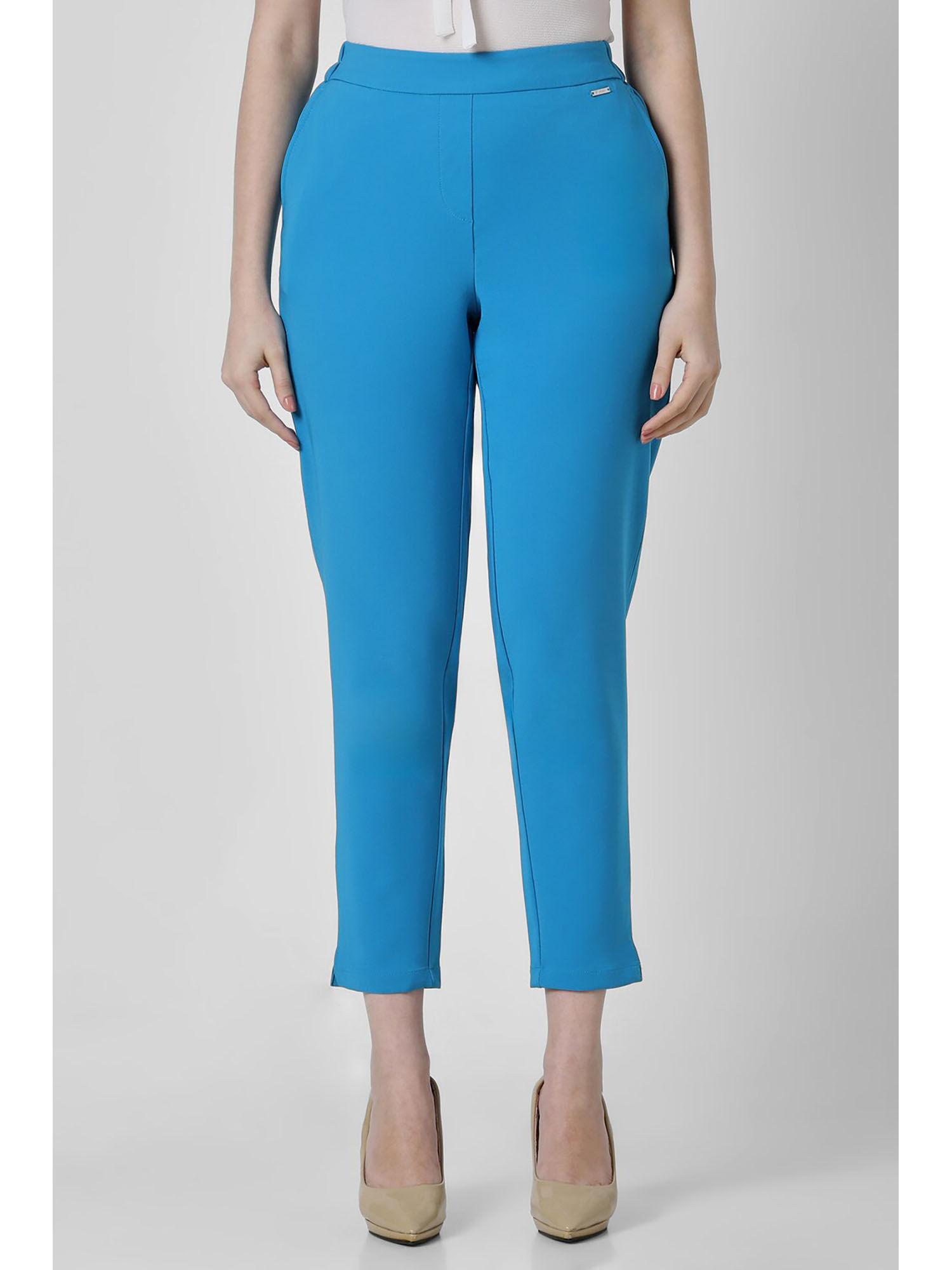 women blue solid formal slim fit trouser