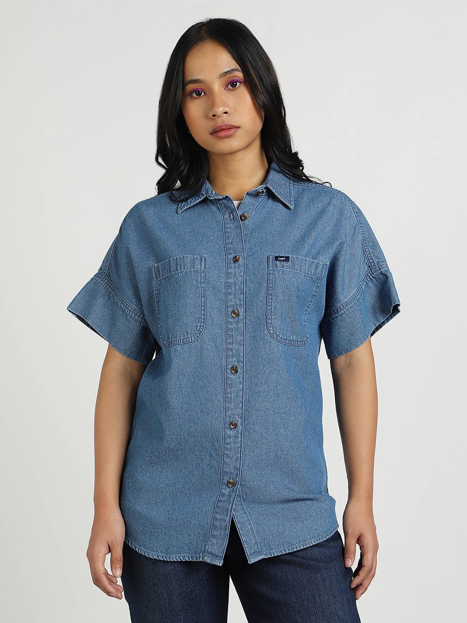 women blue solid front pocket relaxed fit shirt