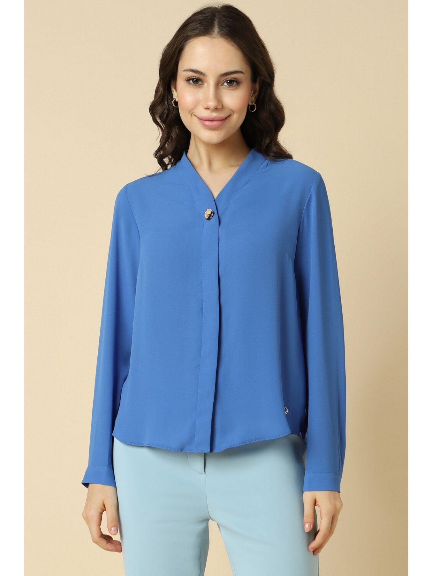 women blue solid full sleeves regular fit formal shirt