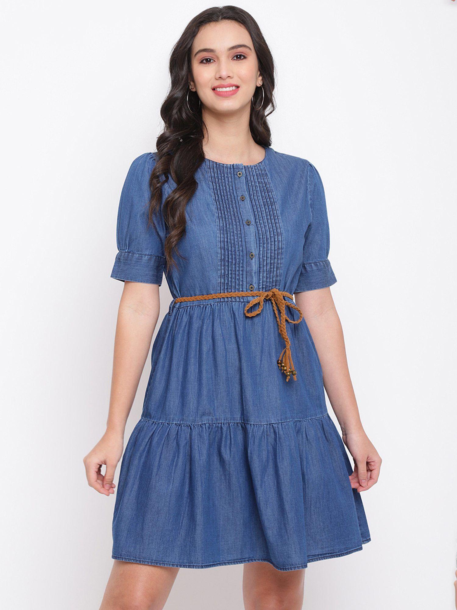 women blue solid half sleeve knee length dress