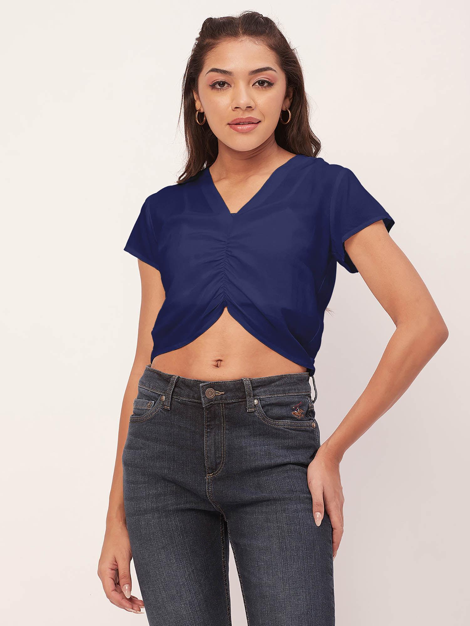 women blue solid half sleeves crop top