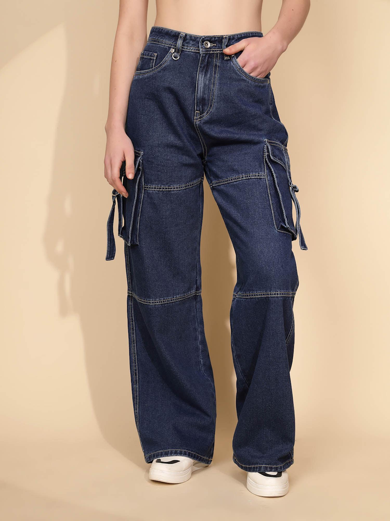 women blue solid high rise cargo jeans