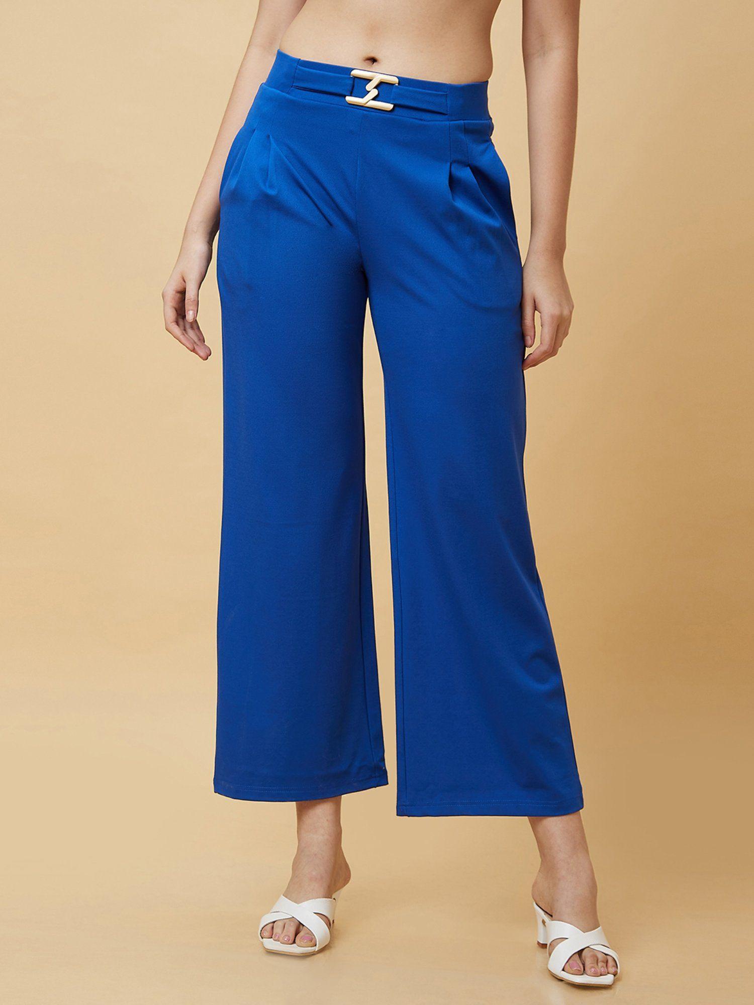 women blue solid high-rise loose fit pleated slip-on trouser