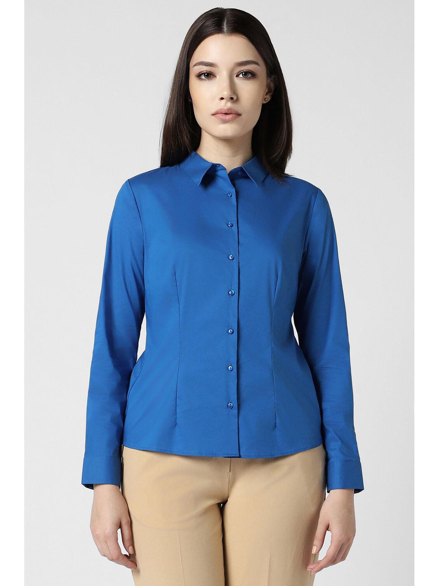 women blue solid long sleeves formal shirt