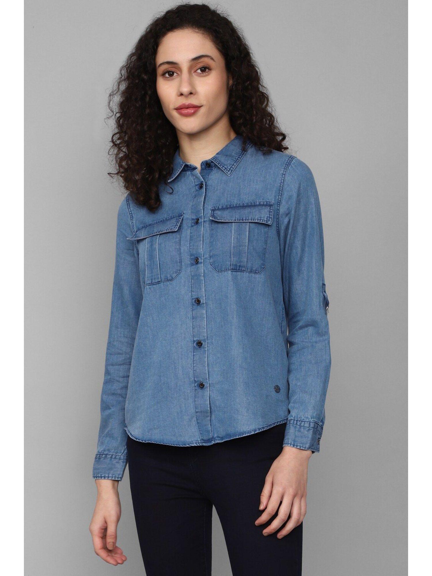 women blue solid long sleeves shirt