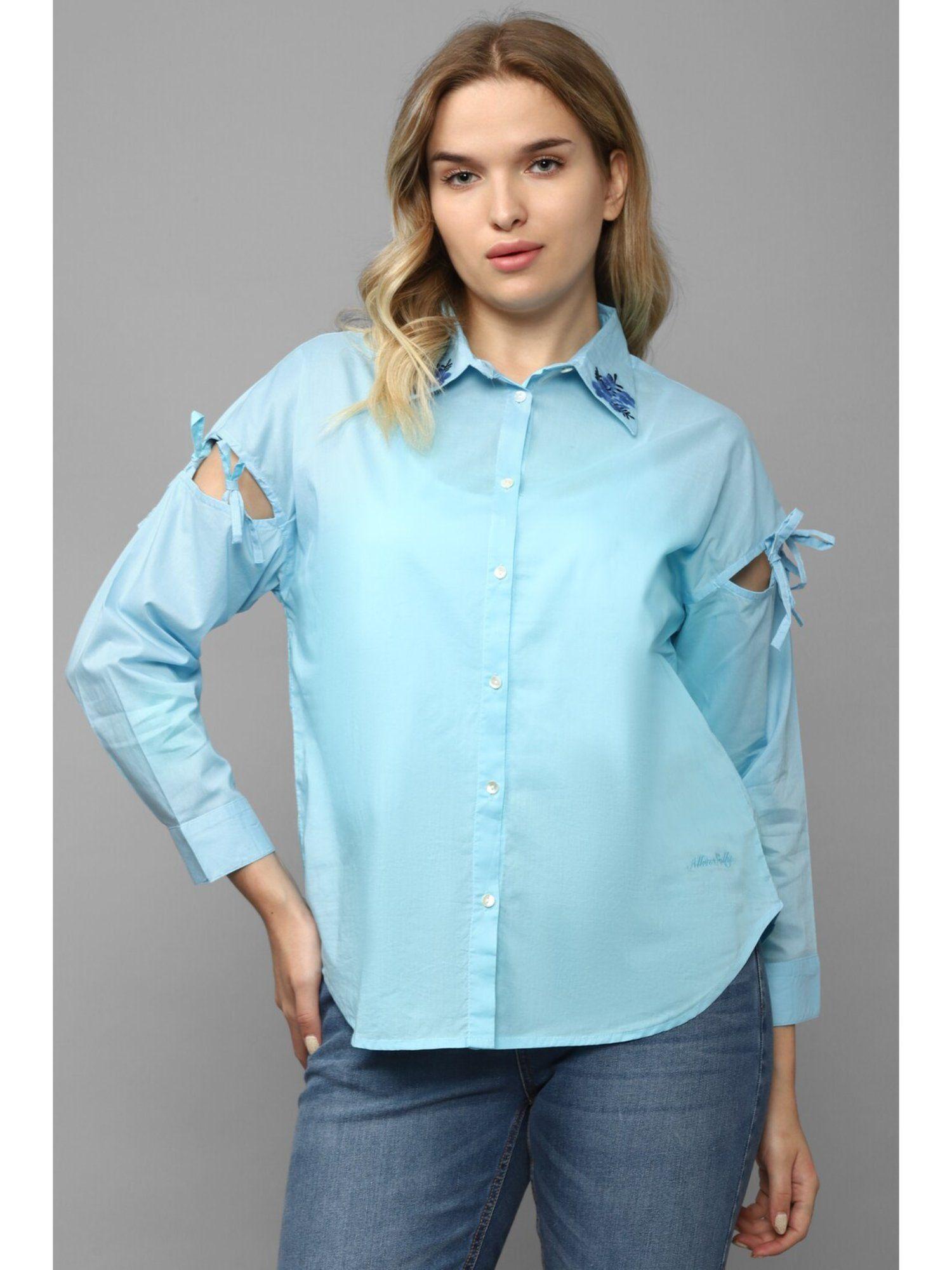 women blue solid long sleeves shirt