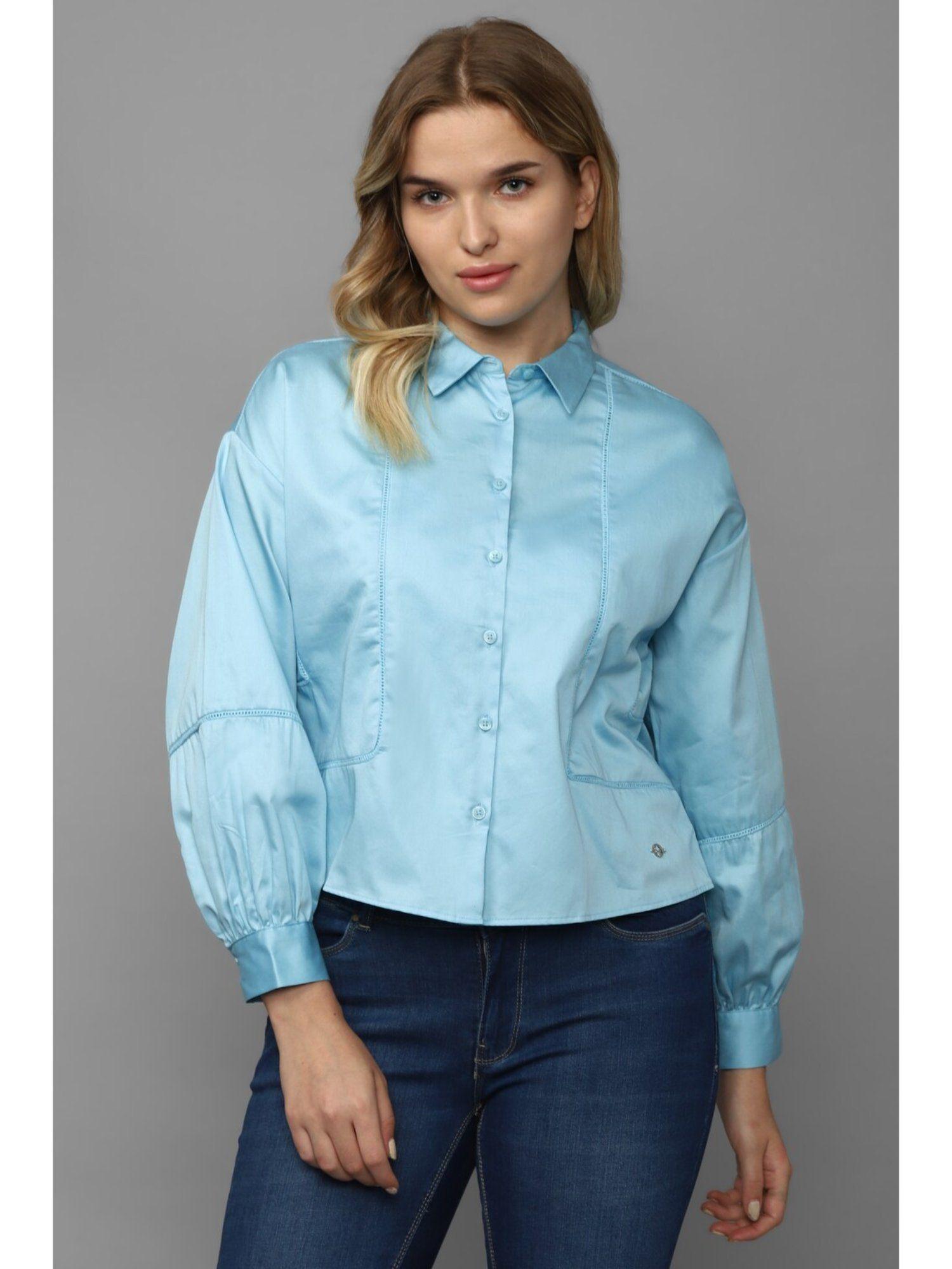 women blue solid long sleeves shirt