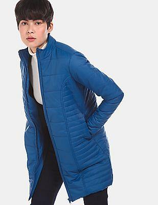 women blue solid longline puffer jacket