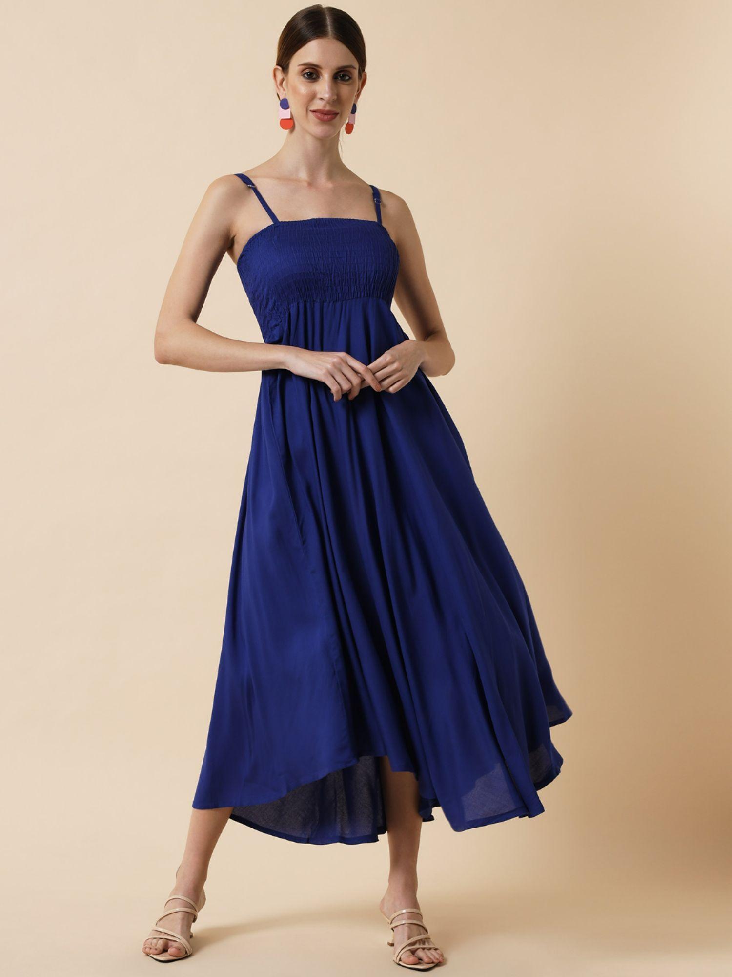 women blue solid maxi smocked dress