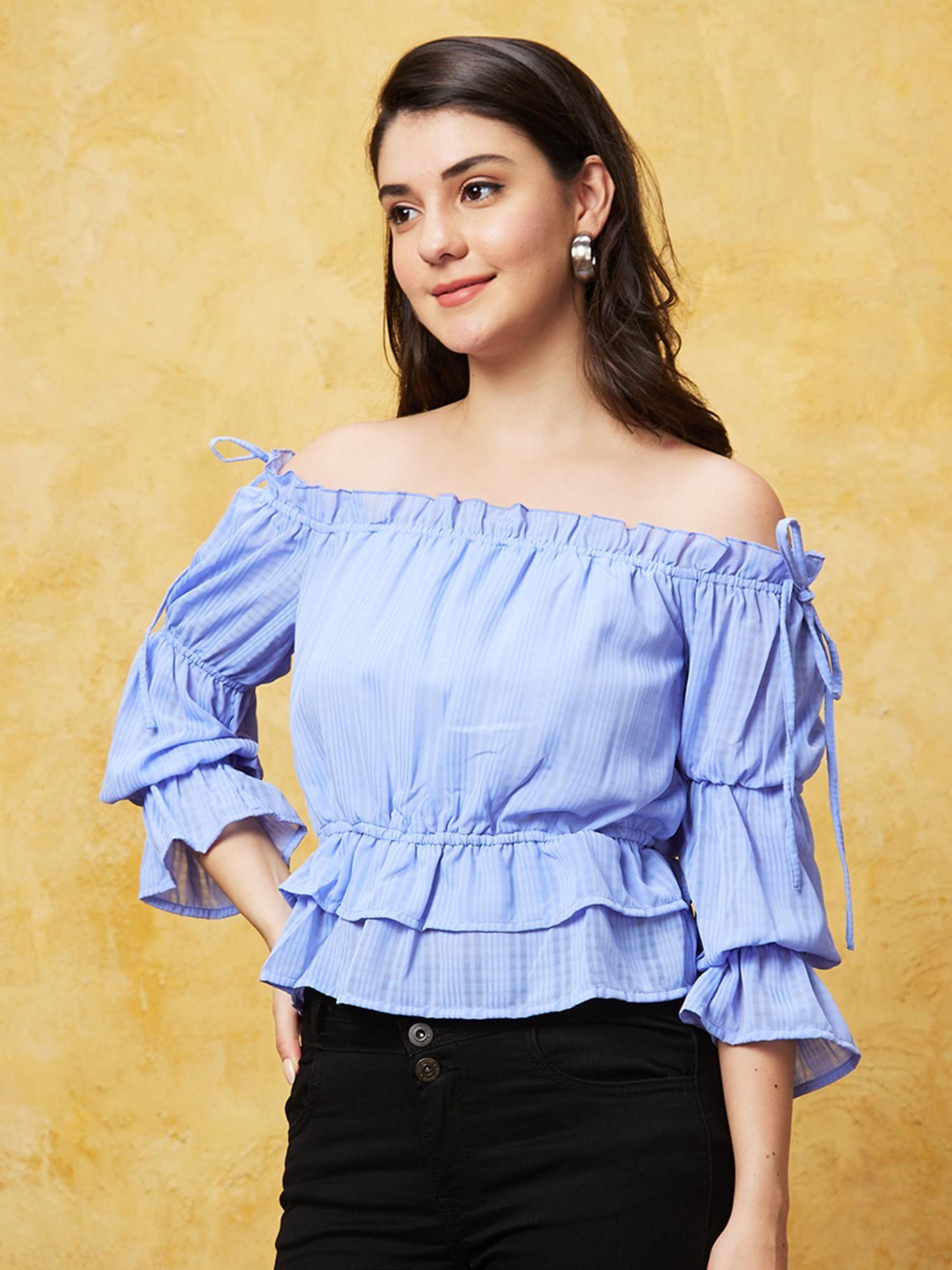 women blue solid off-shoulder three-quarter sleeves top