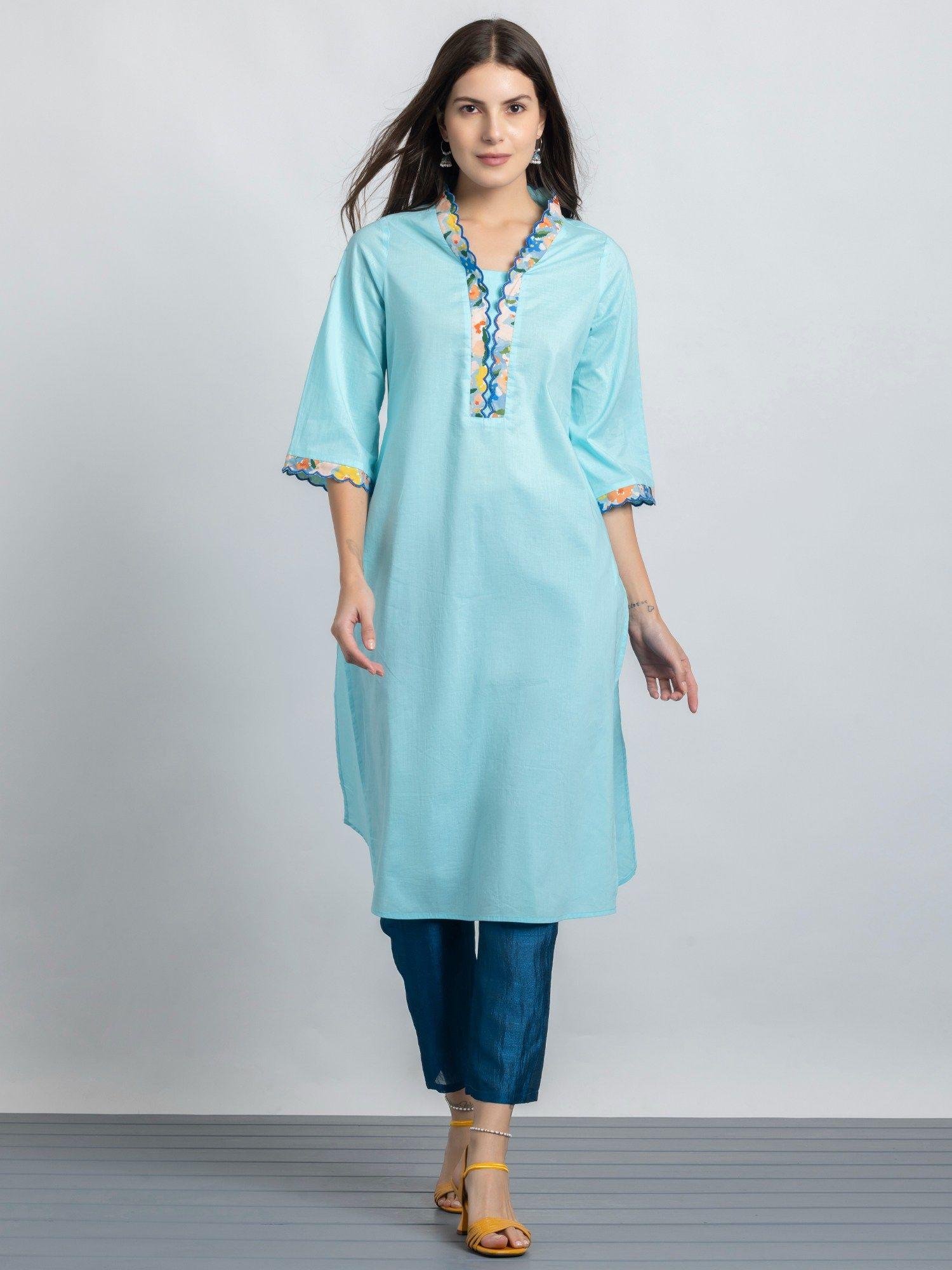 women blue solid printed ethnic kurta