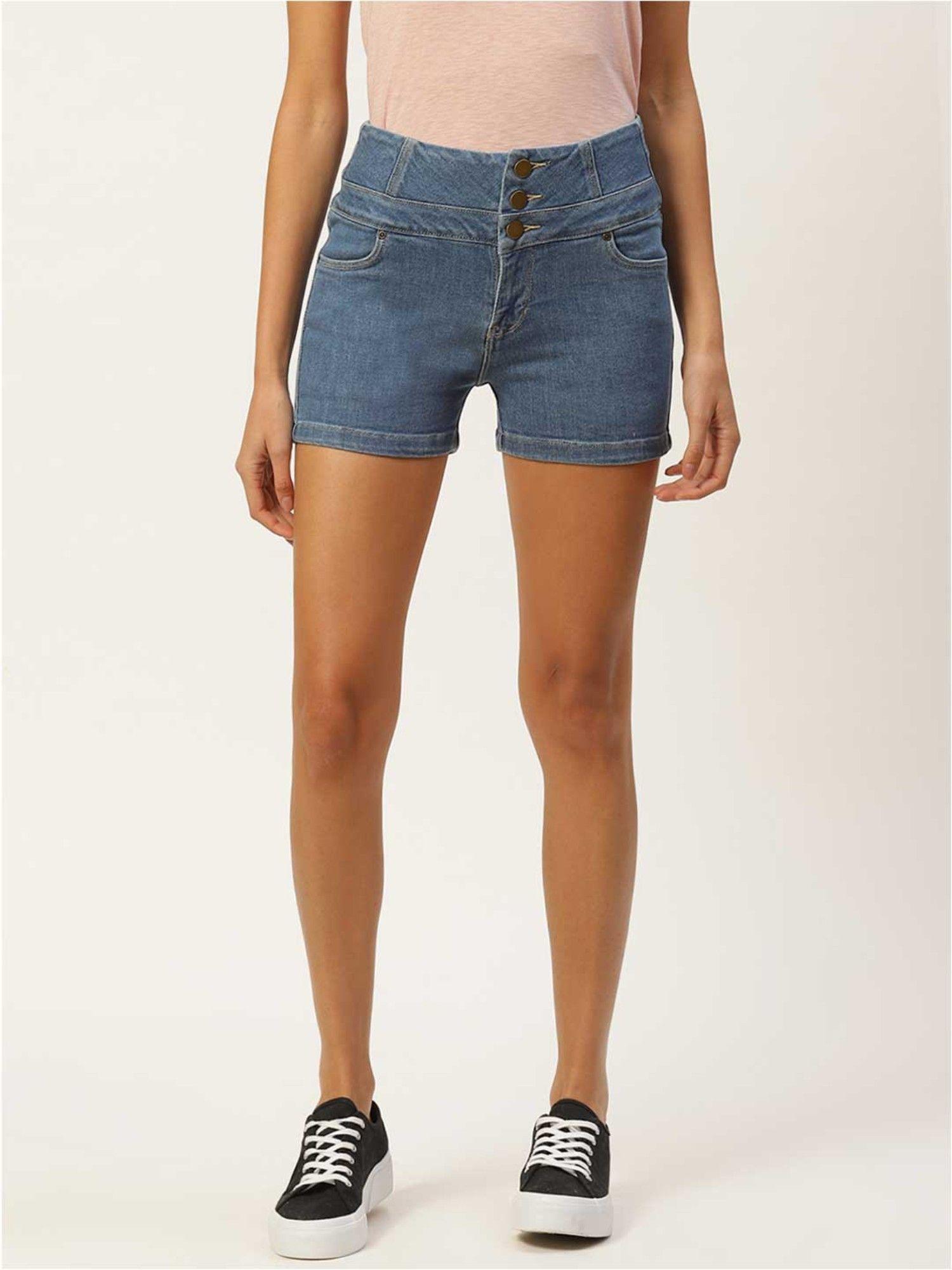 women blue solid regular fit high rise denim shorts