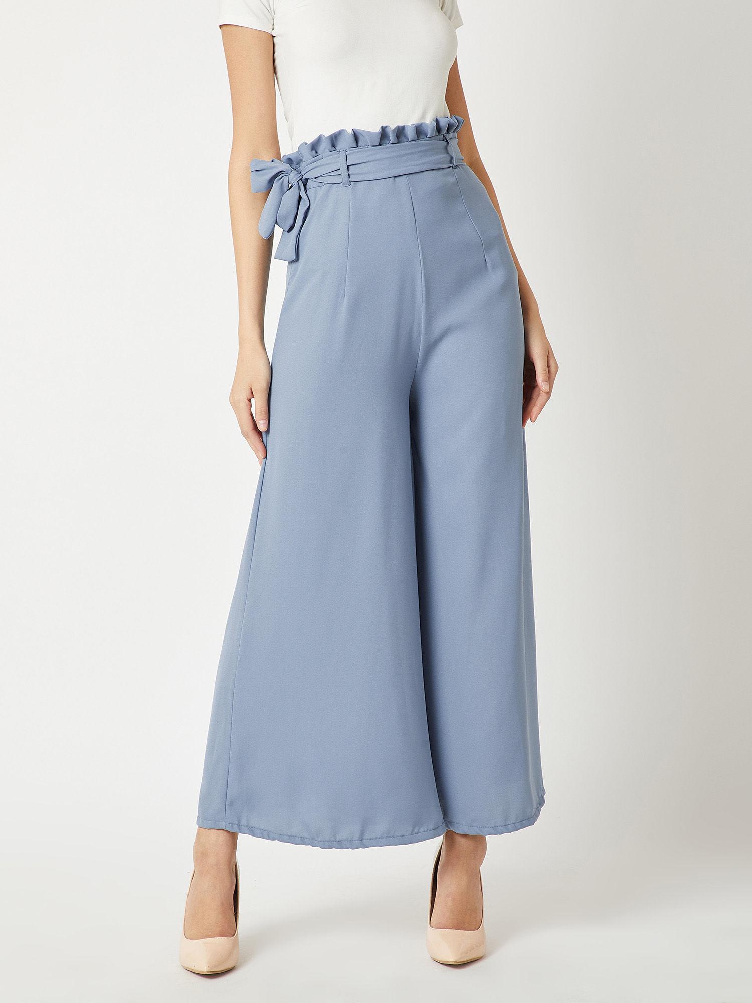 women blue solid regular length pleated wide leg paper bag flare trouser