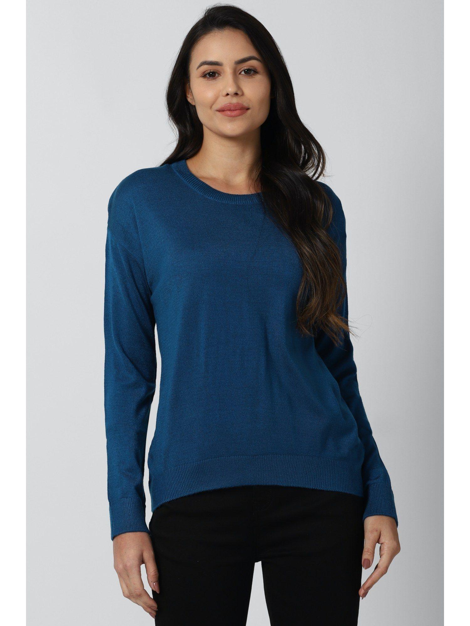 women blue solid round neck sweater