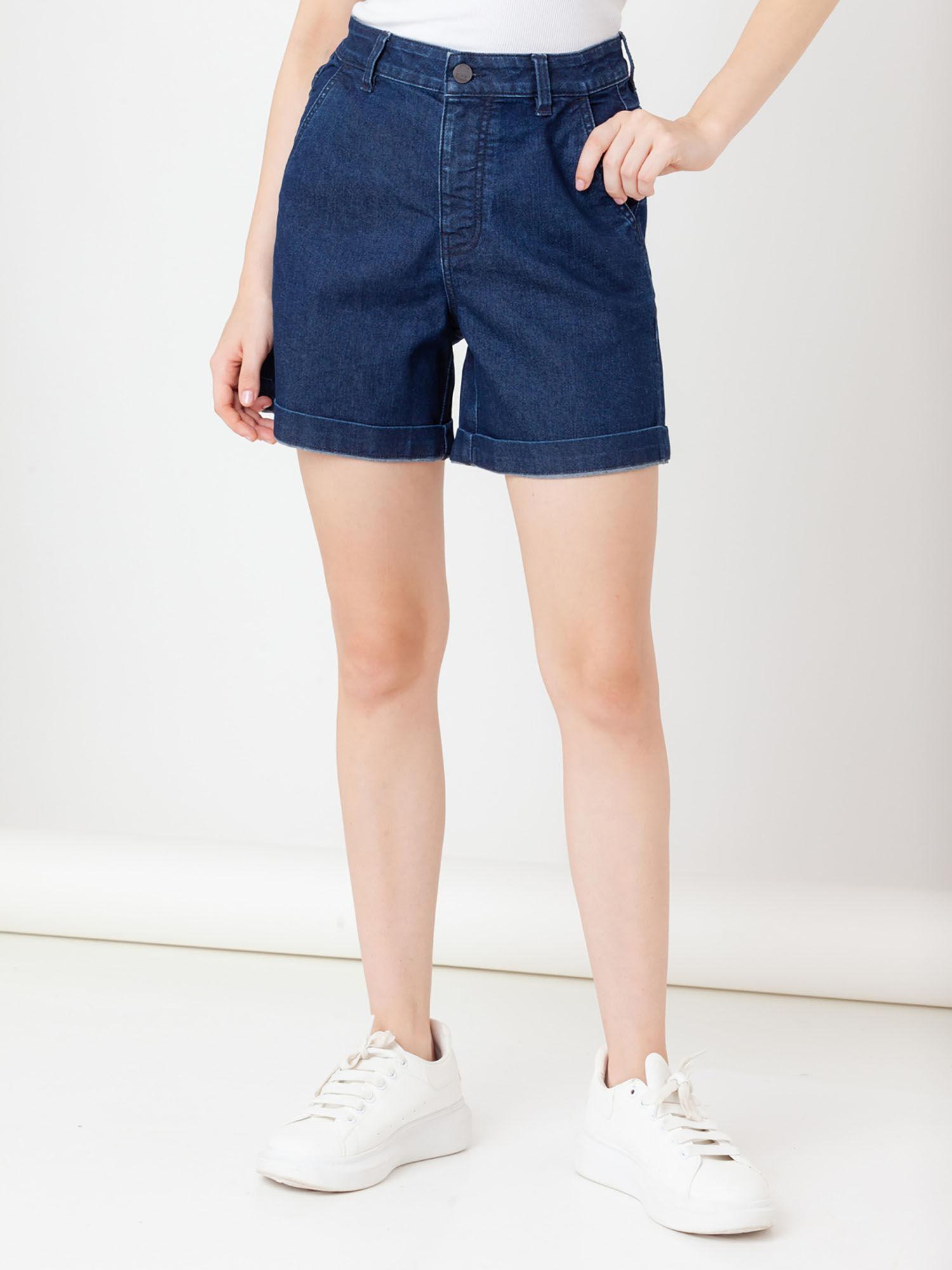 women blue solid shorts