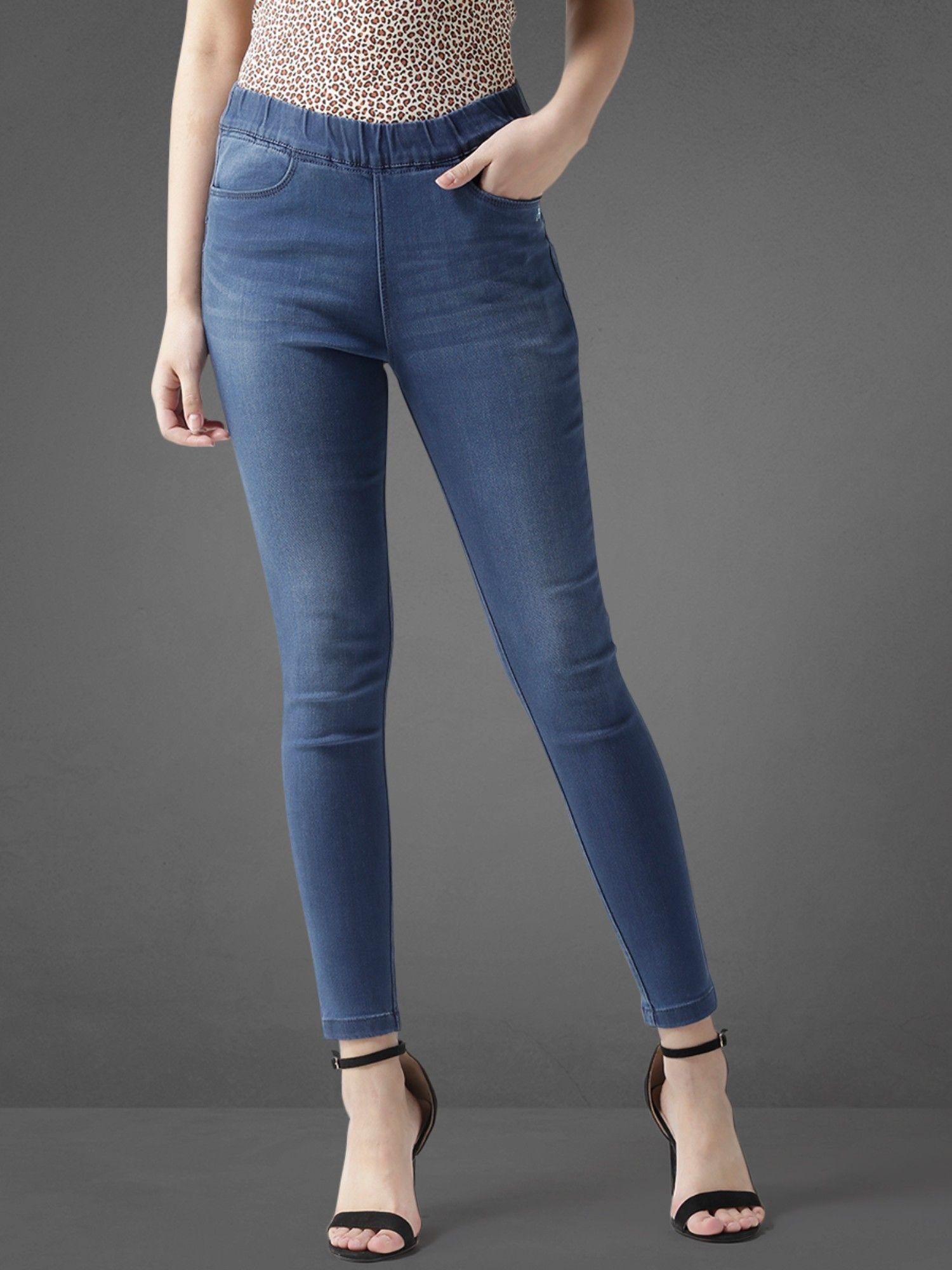 women blue solid skinny-fit denim jeggings