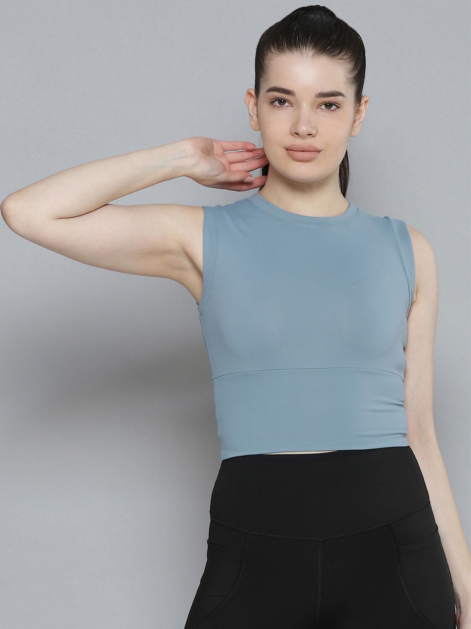 women blue solid slim fit quick dry training crop t-shirt