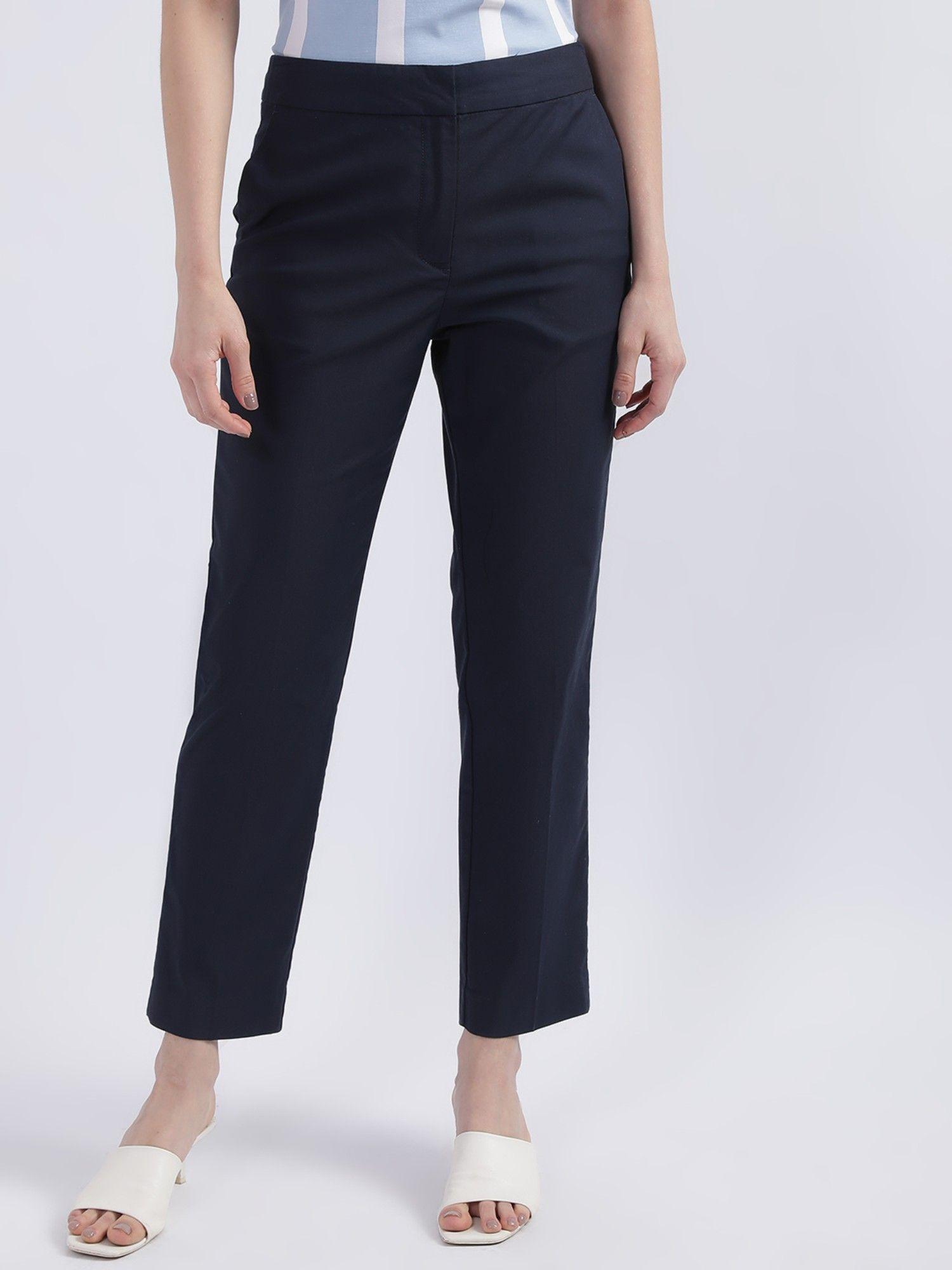 women blue solid slim fit trousers