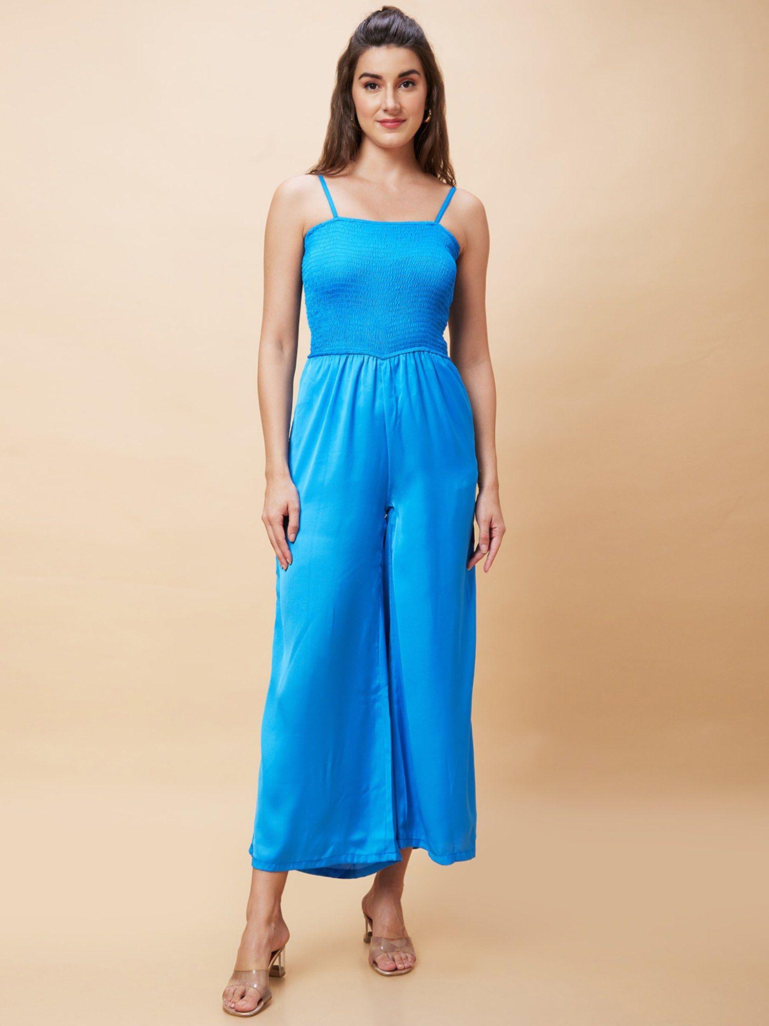 women blue solid smocked strappy party jumpsuit