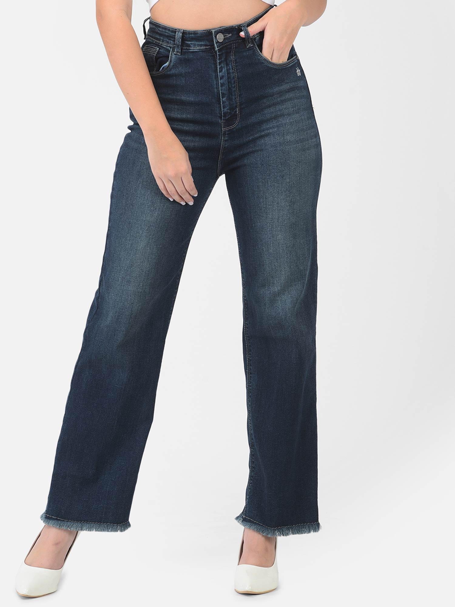 women blue solid straight jeans