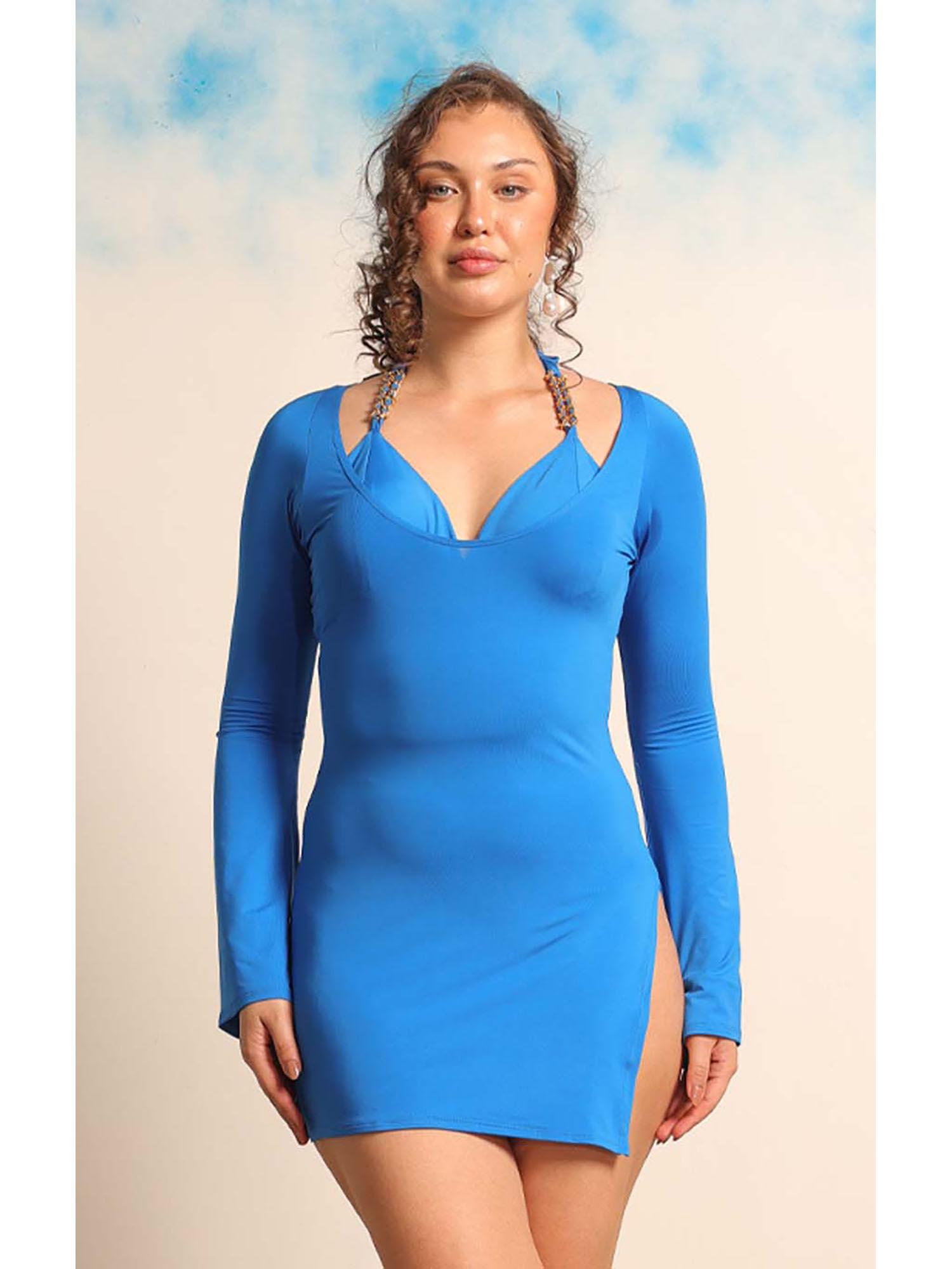 women blue solid swimwear dress