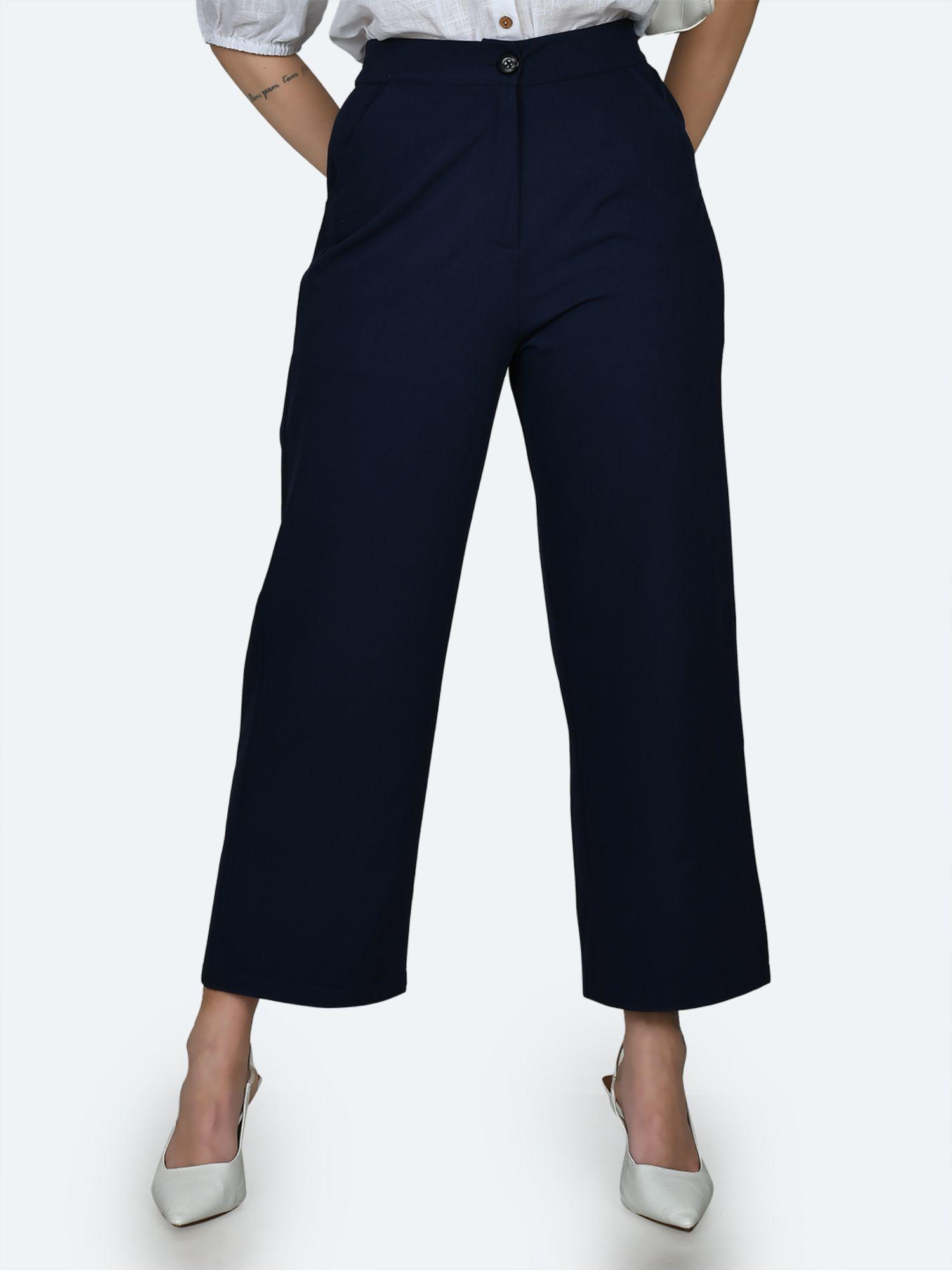 women blue solid trousers